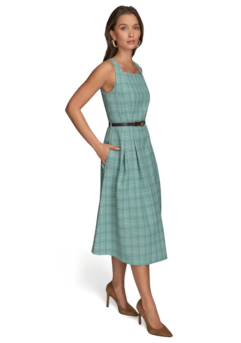 Womens Sleeveless Square Neck Printed Tweed Fit and Flare Dress