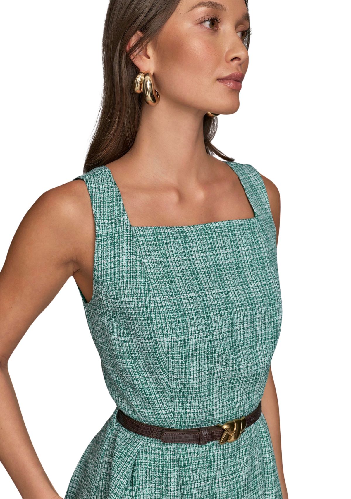 Womens Sleeveless Square Neck Printed Tweed Fit and Flare Dress