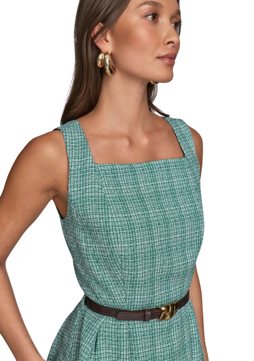 Womens Sleeveless Square Neck Printed Tweed Fit and Flare Dress