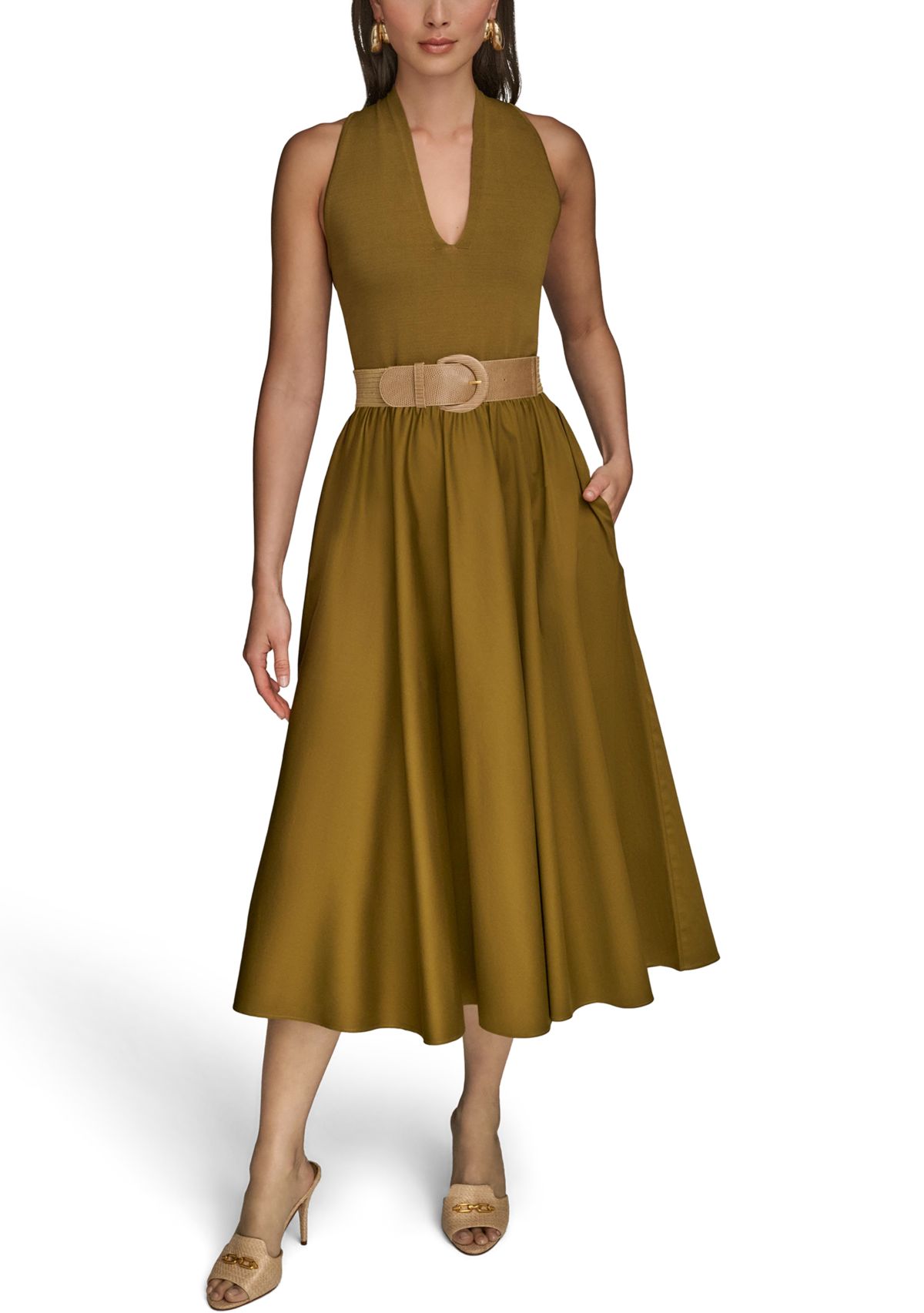 Womens Sleeveless Split Neck Belted  Midi Dress