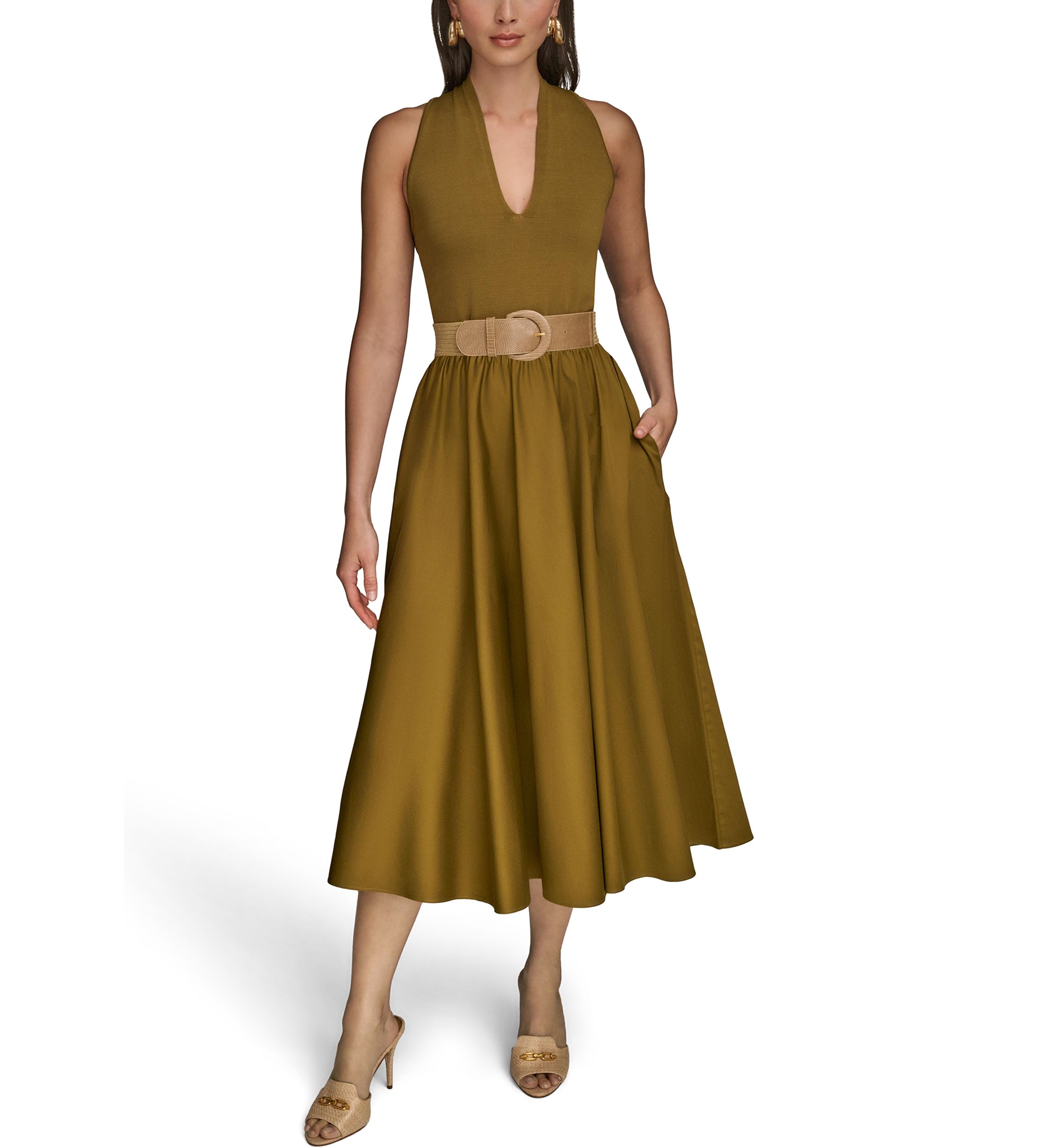 Womens Sleeveless Split Neck Belted  Midi Dress