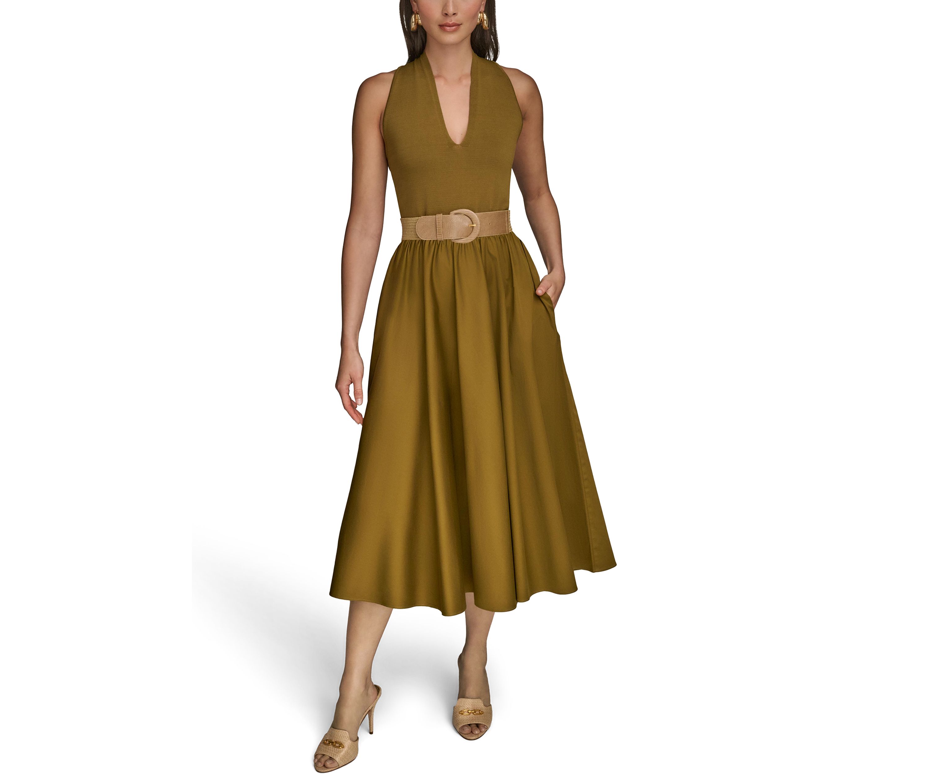 Womens Sleeveless Split Neck Belted  Midi Dress