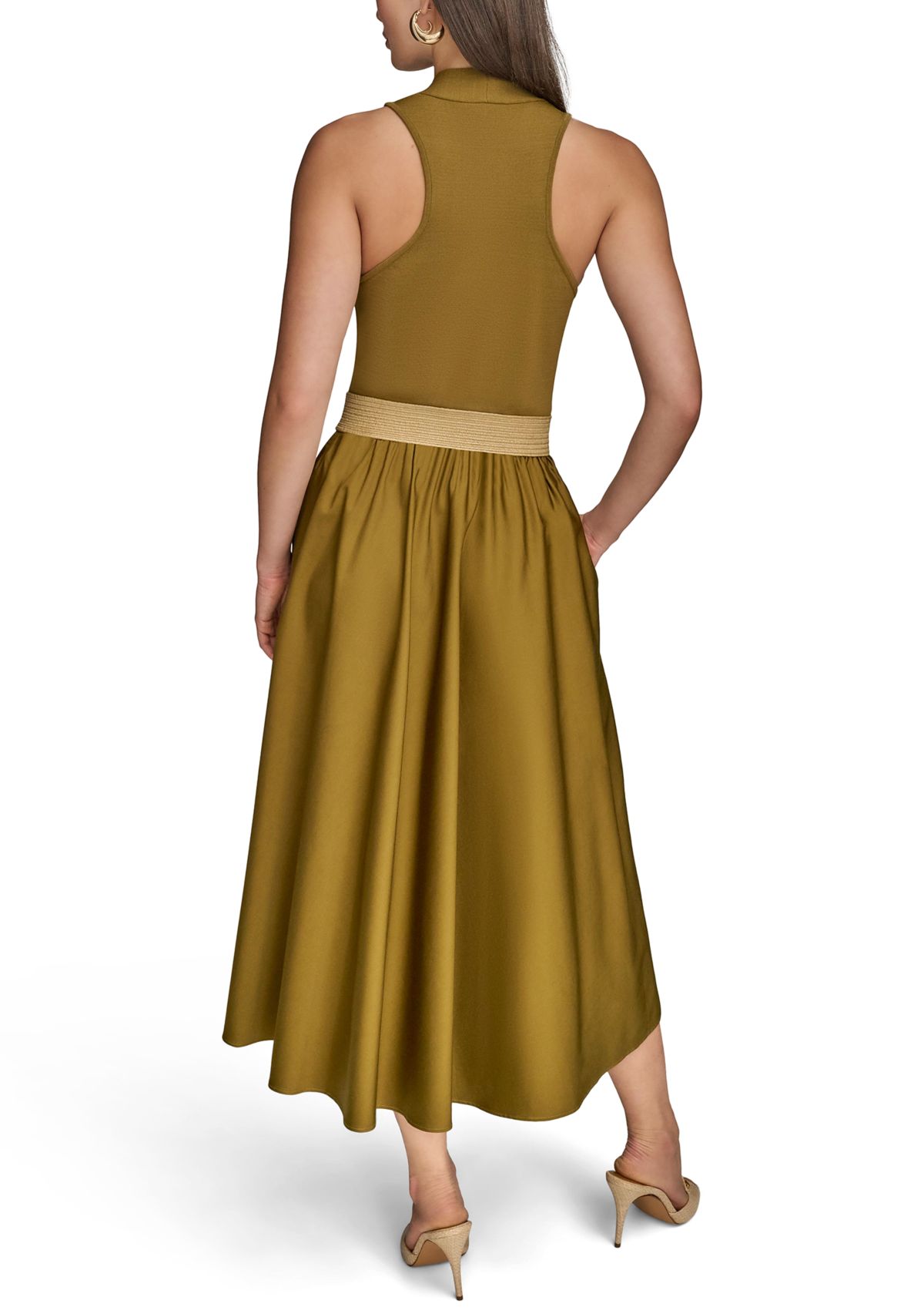 Womens Sleeveless Split Neck Belted  Midi Dress