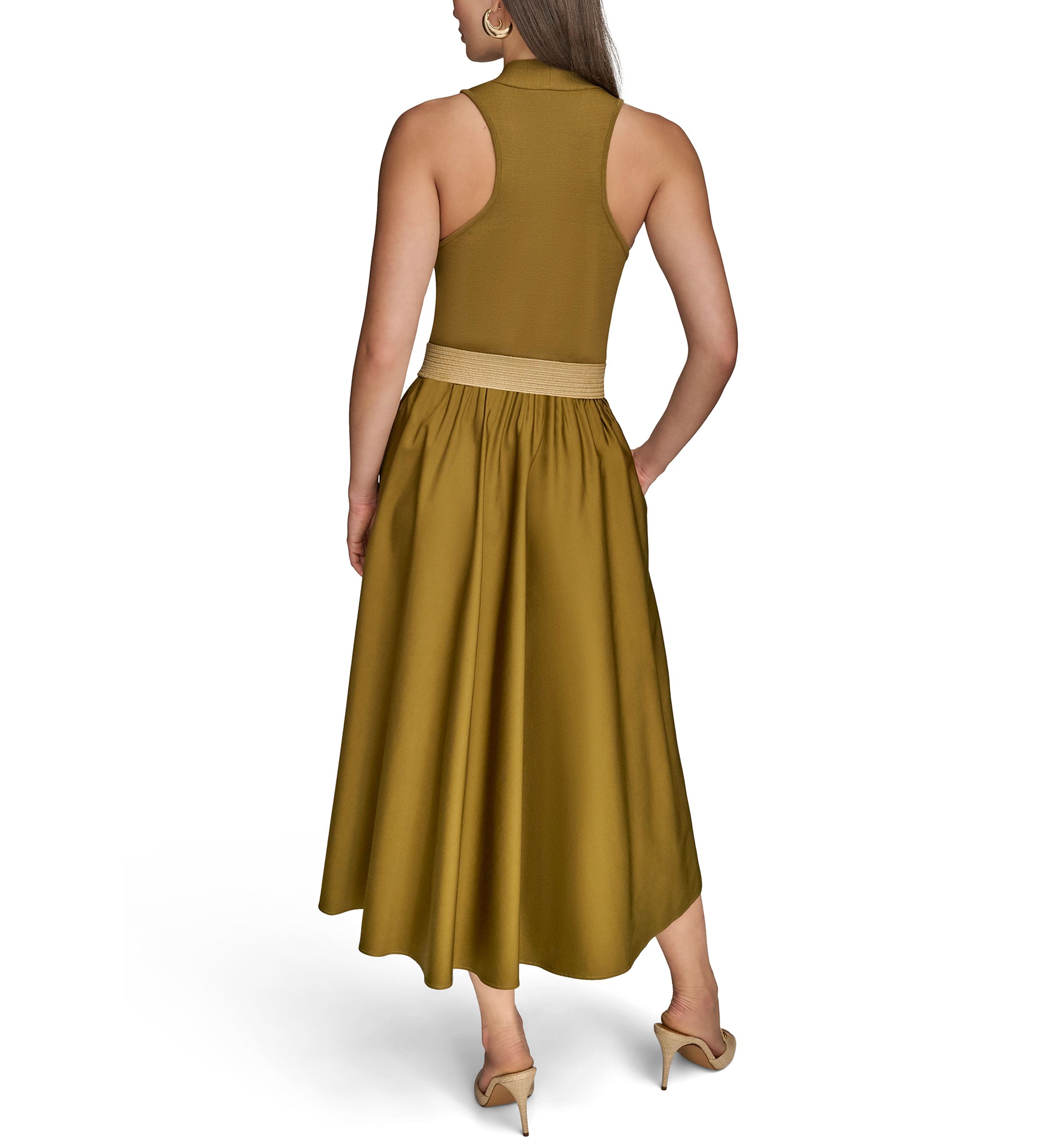 Womens Sleeveless Split Neck Belted  Midi Dress