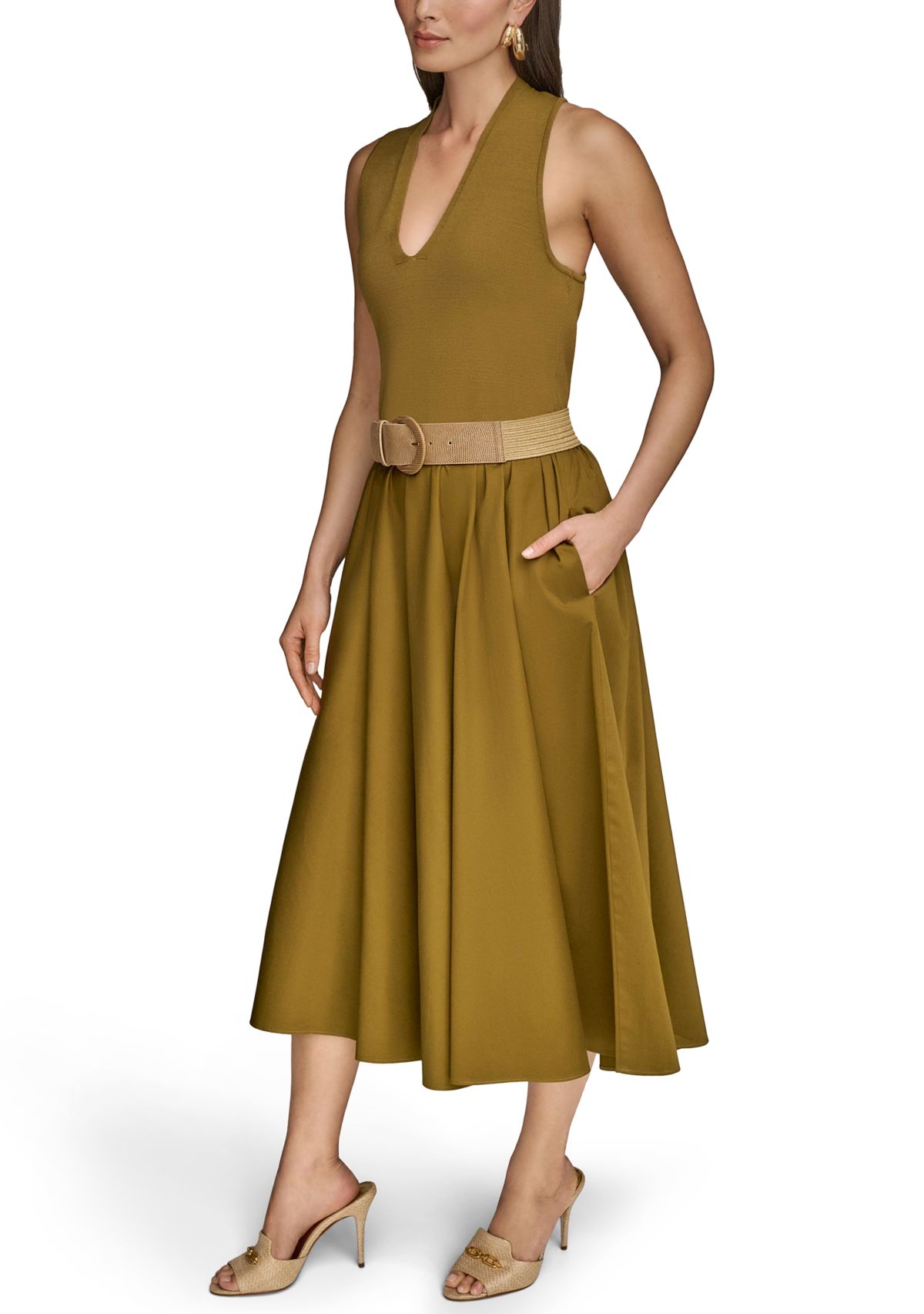 Womens Sleeveless Split Neck Belted  Midi Dress
