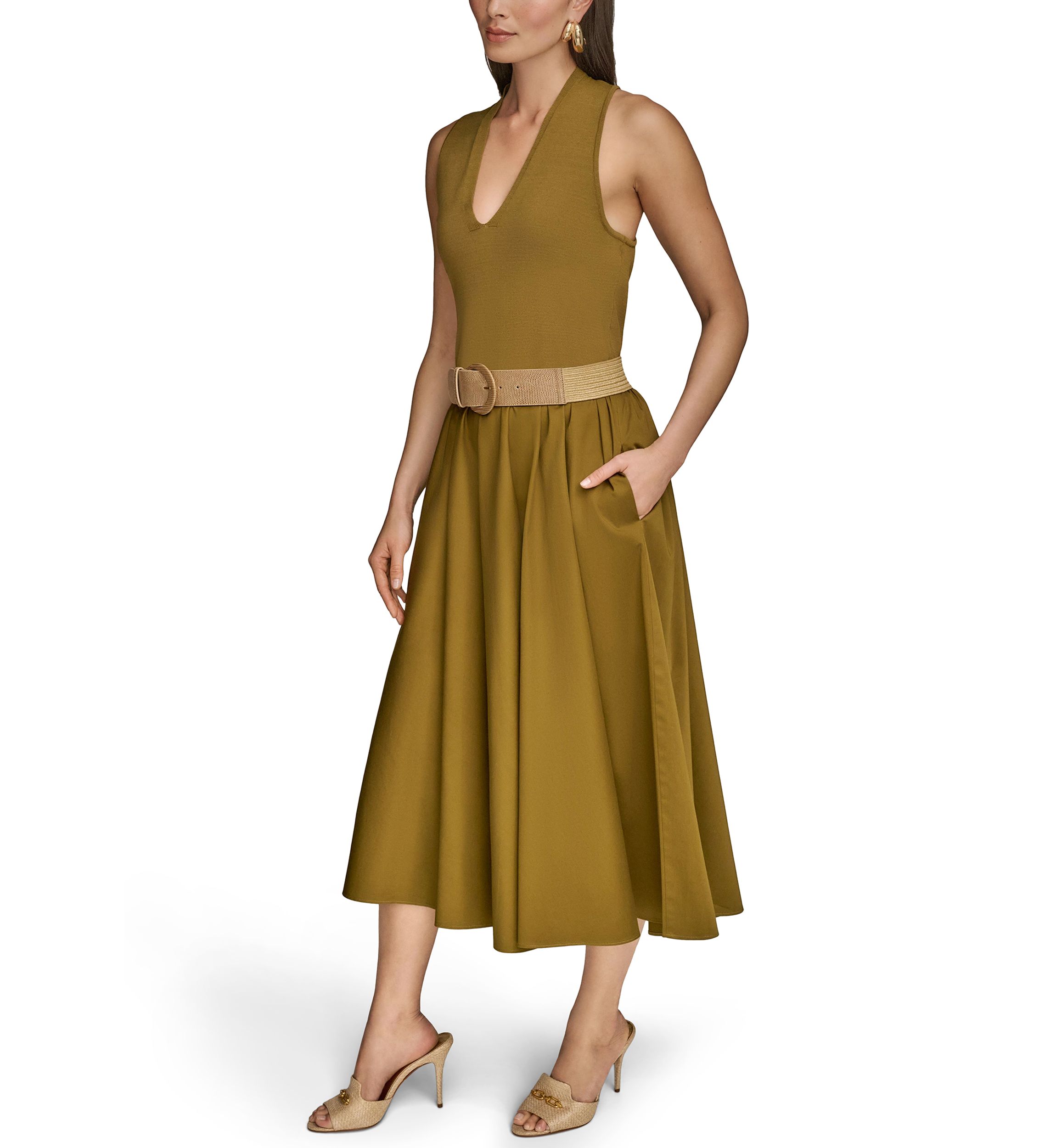 Womens Sleeveless Split Neck Belted  Midi Dress