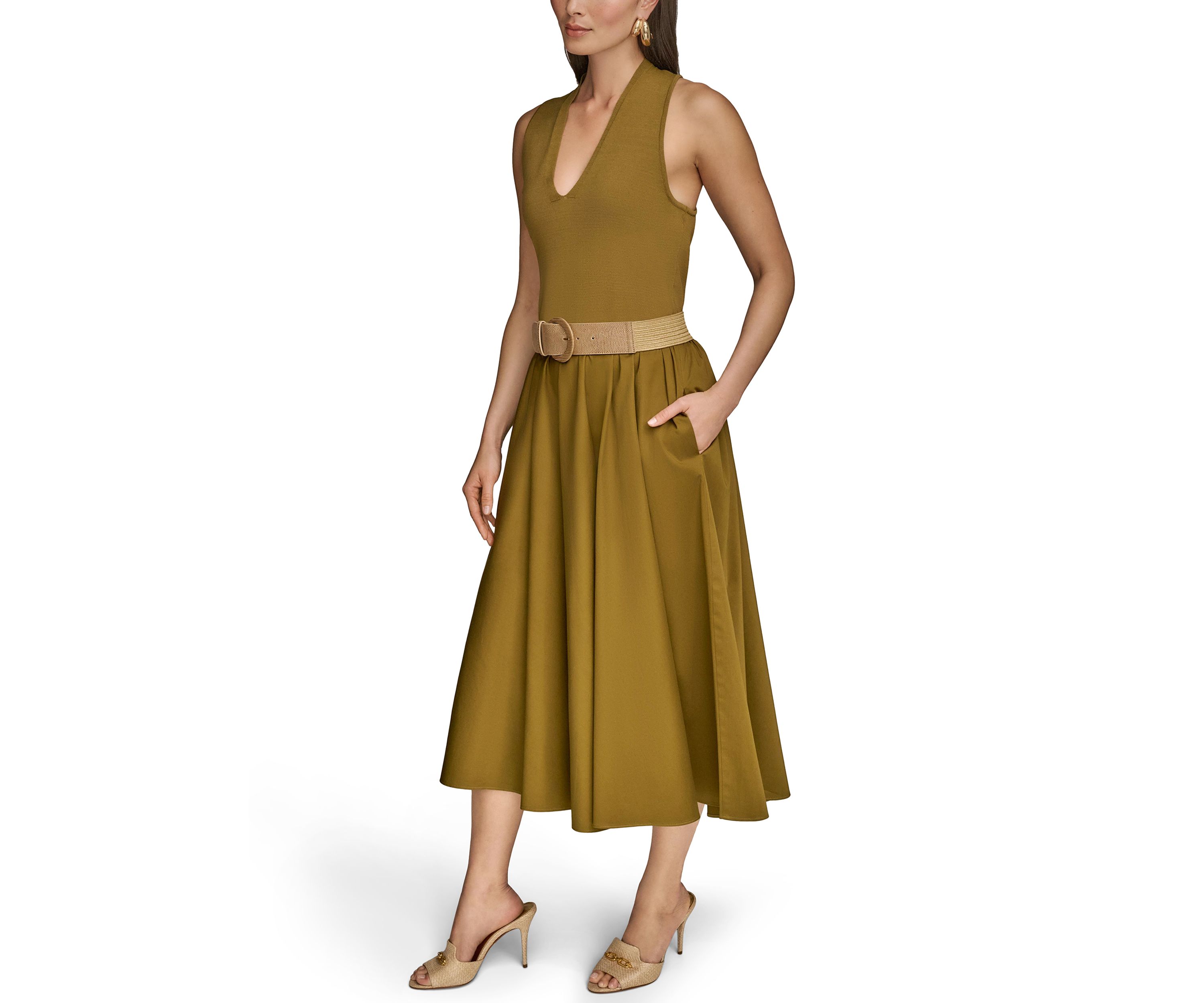 Womens Sleeveless Split Neck Belted  Midi Dress