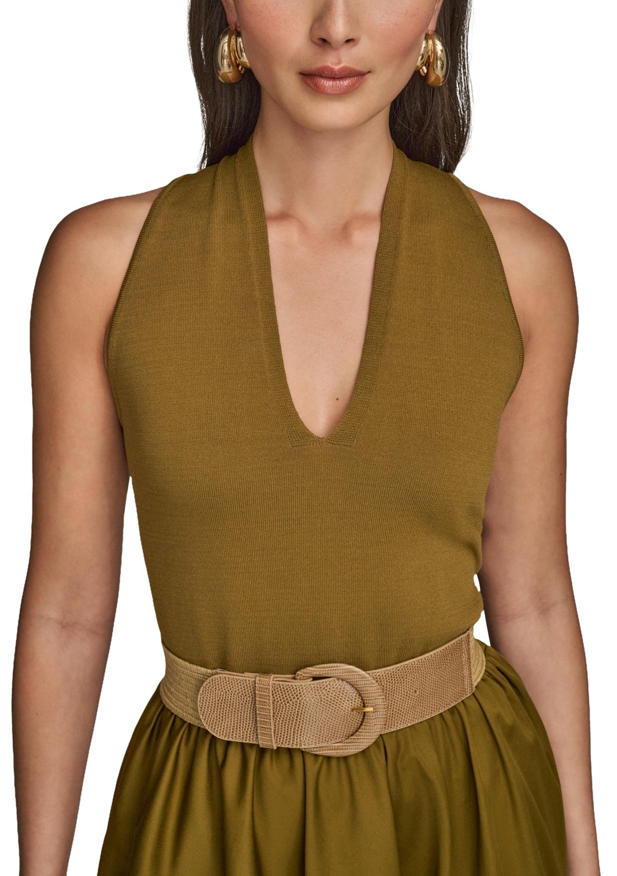 Womens Sleeveless Split Neck Belted  Midi Dress