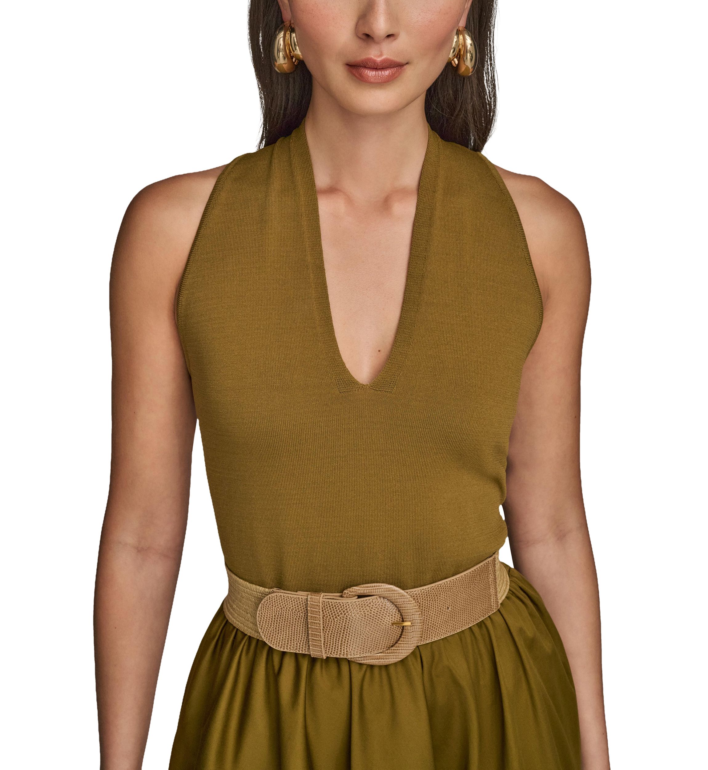 Womens Sleeveless Split Neck Belted  Midi Dress