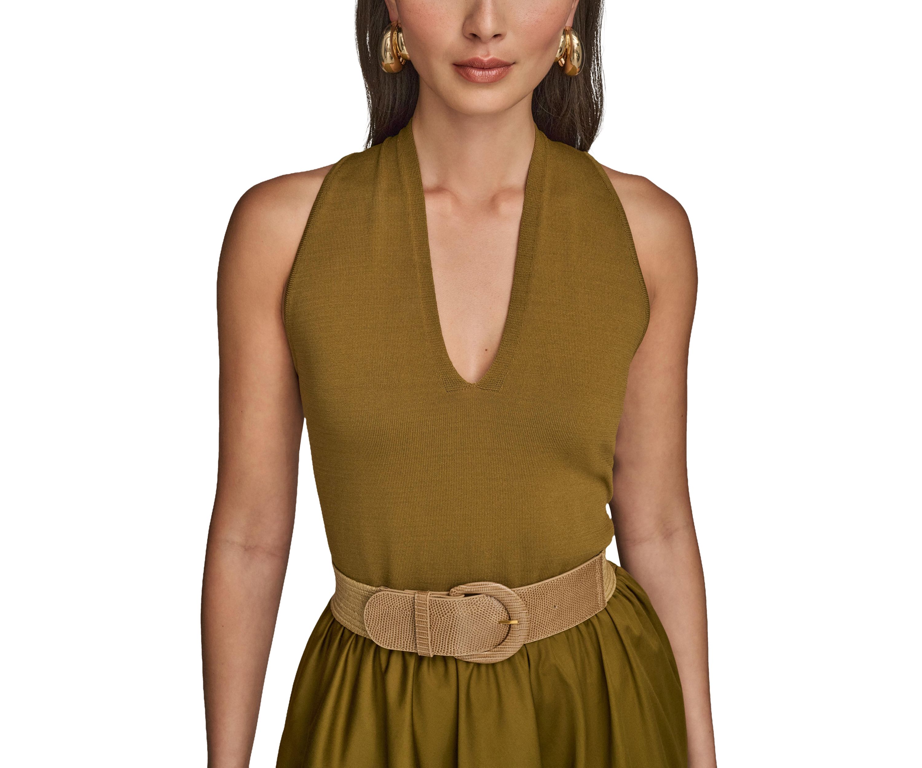 Womens Sleeveless Split Neck Belted  Midi Dress