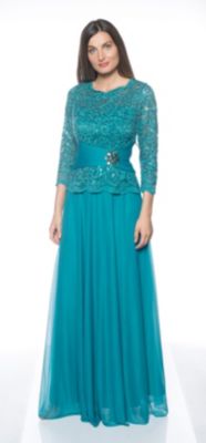 Mikael - BRIANA - Long chiffon dress with fully beaded lace top and long  sleeves