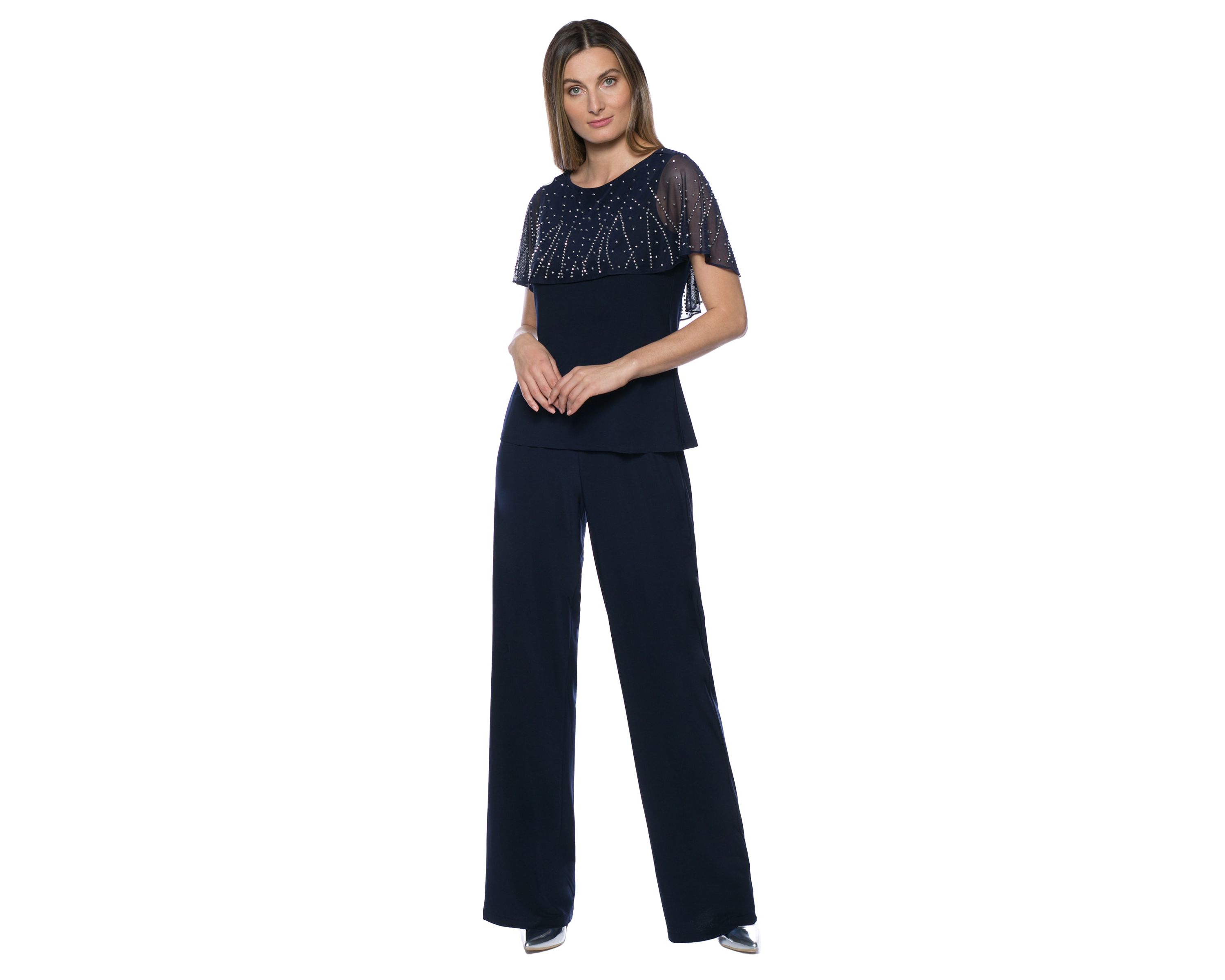 Beaded Short Capelet Matte Jersey 2-Piece Pant Set