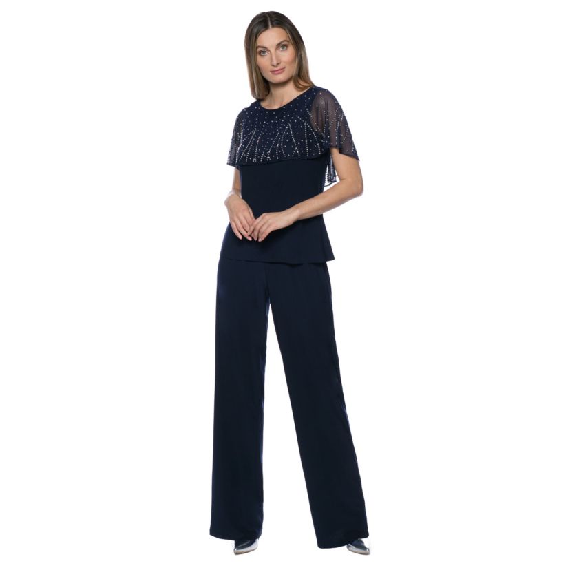 Beaded Short Capelet Matte Jersey 2-Piece Pant Set