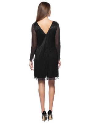 Pleated Metallic Knit Shift Dress