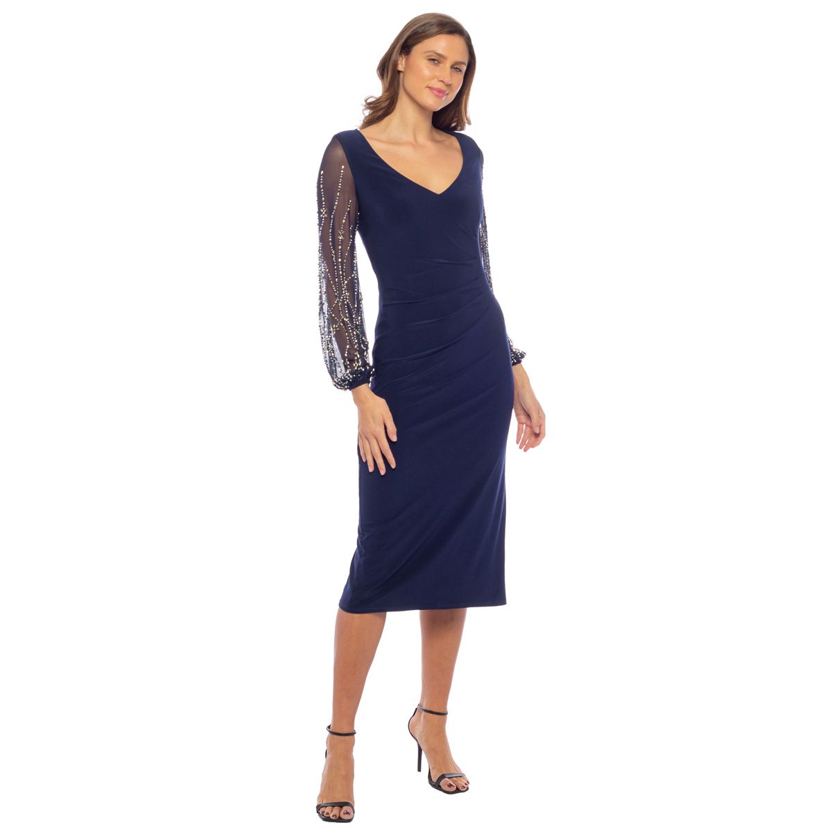Midi V-Neck Beaded Sleeves Dress