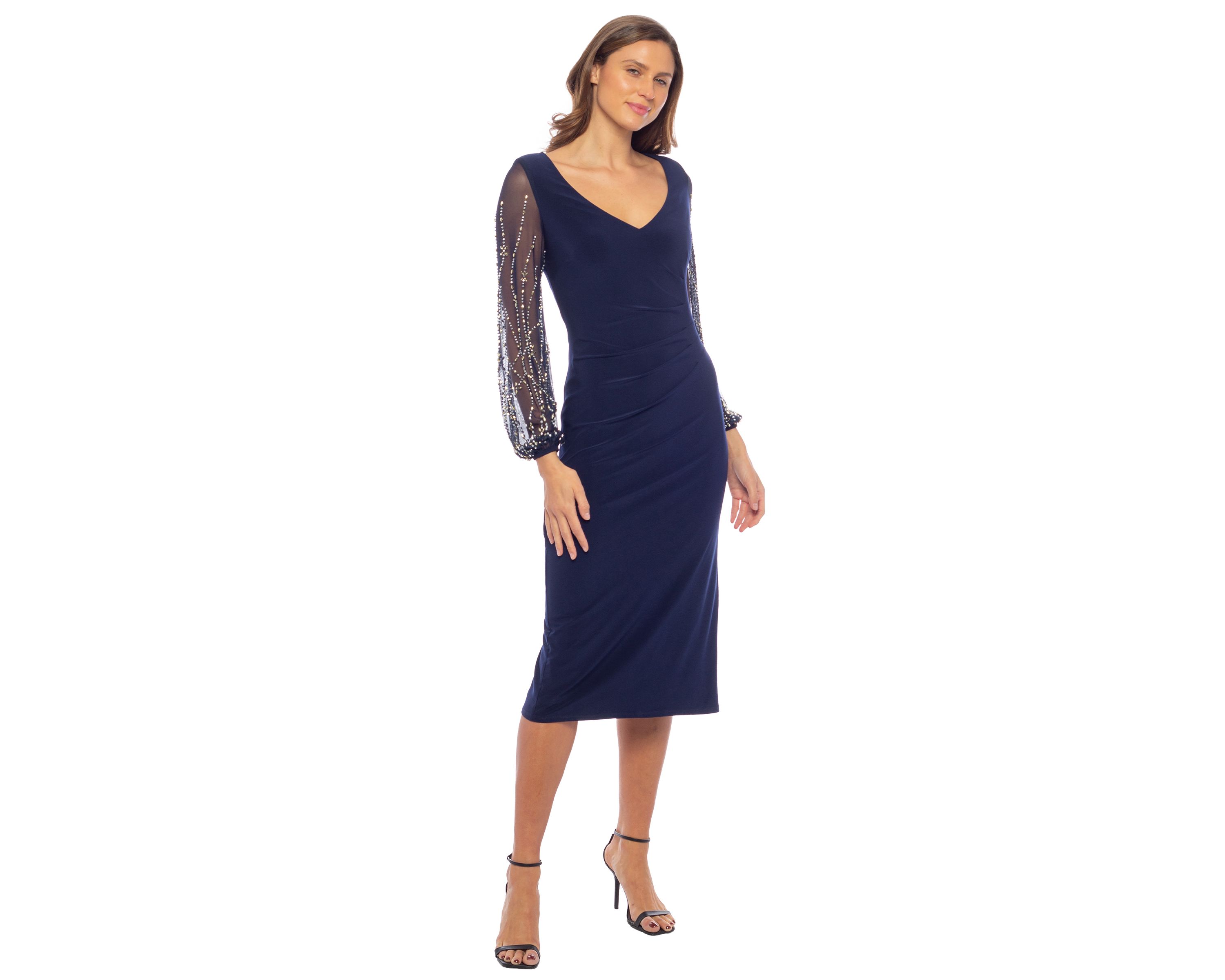 Midi V-Neck Beaded Sleeves Dress
