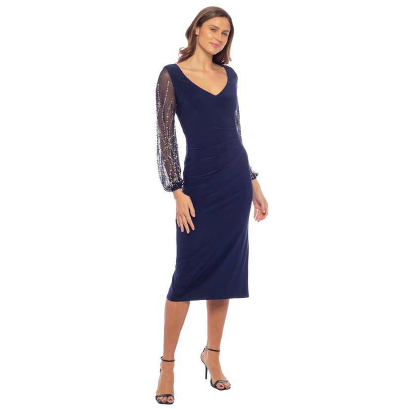 Midi V-Neck Beaded Sleeves Dress