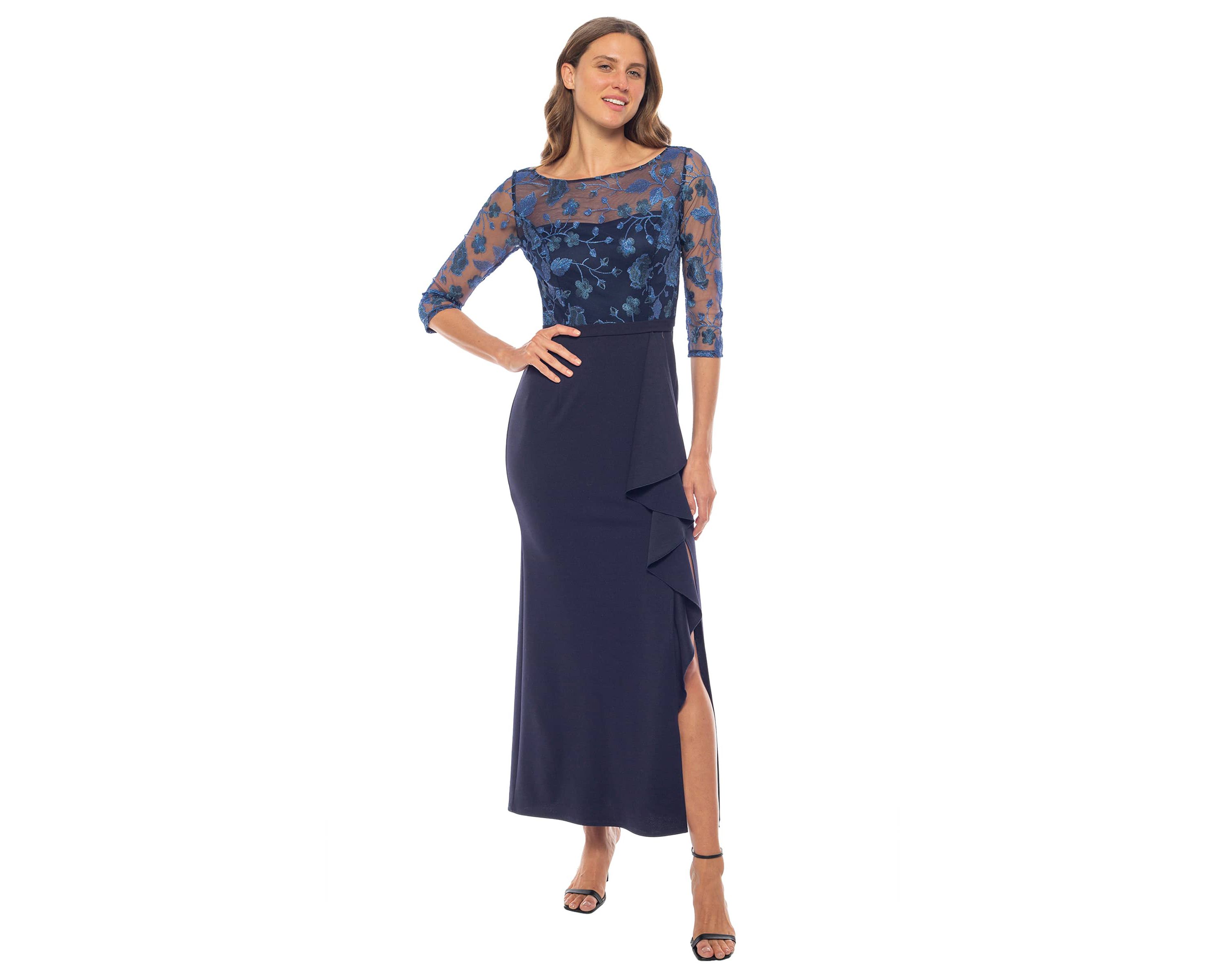 3/4" SLV EMB RUFFLE LONG DRESS MOB