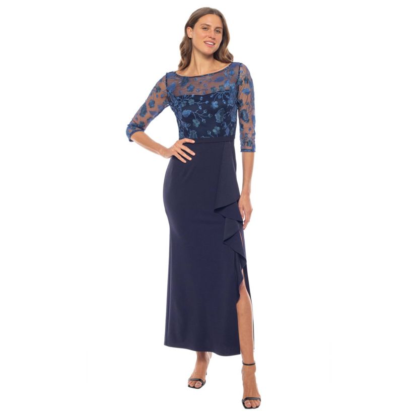 3/4" SLV EMB RUFFLE LONG DRESS MOB