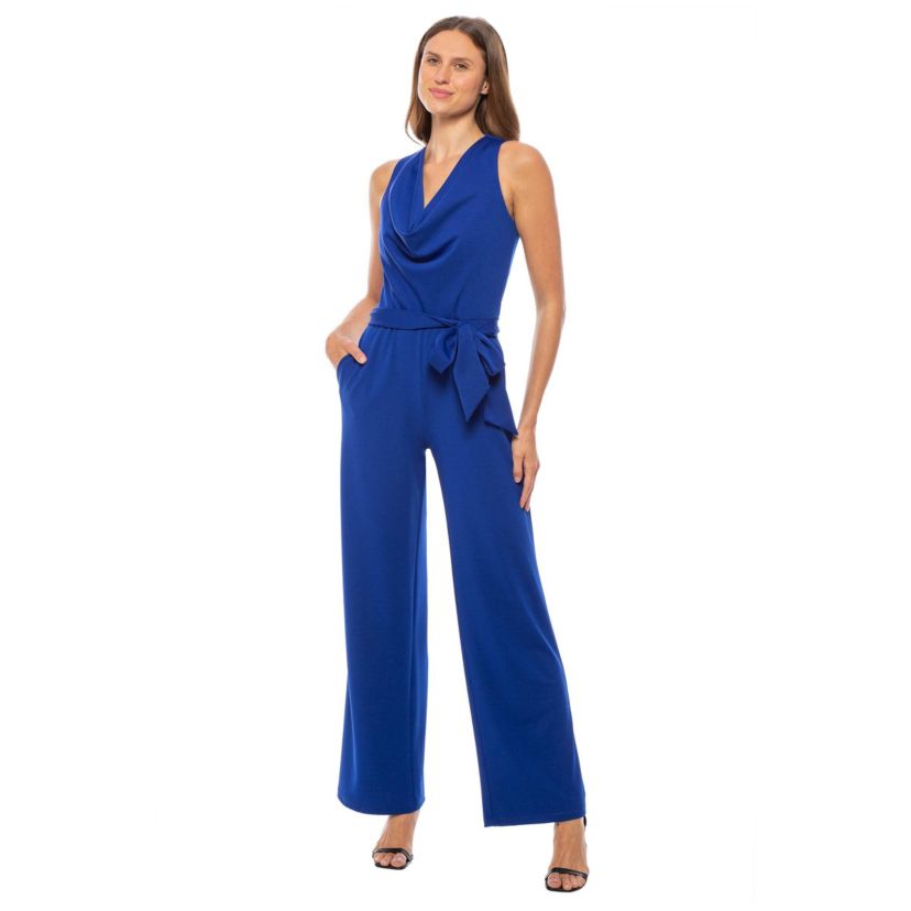 SCUBA CREPE DRAPE NECK BELTED JUMPSUIT