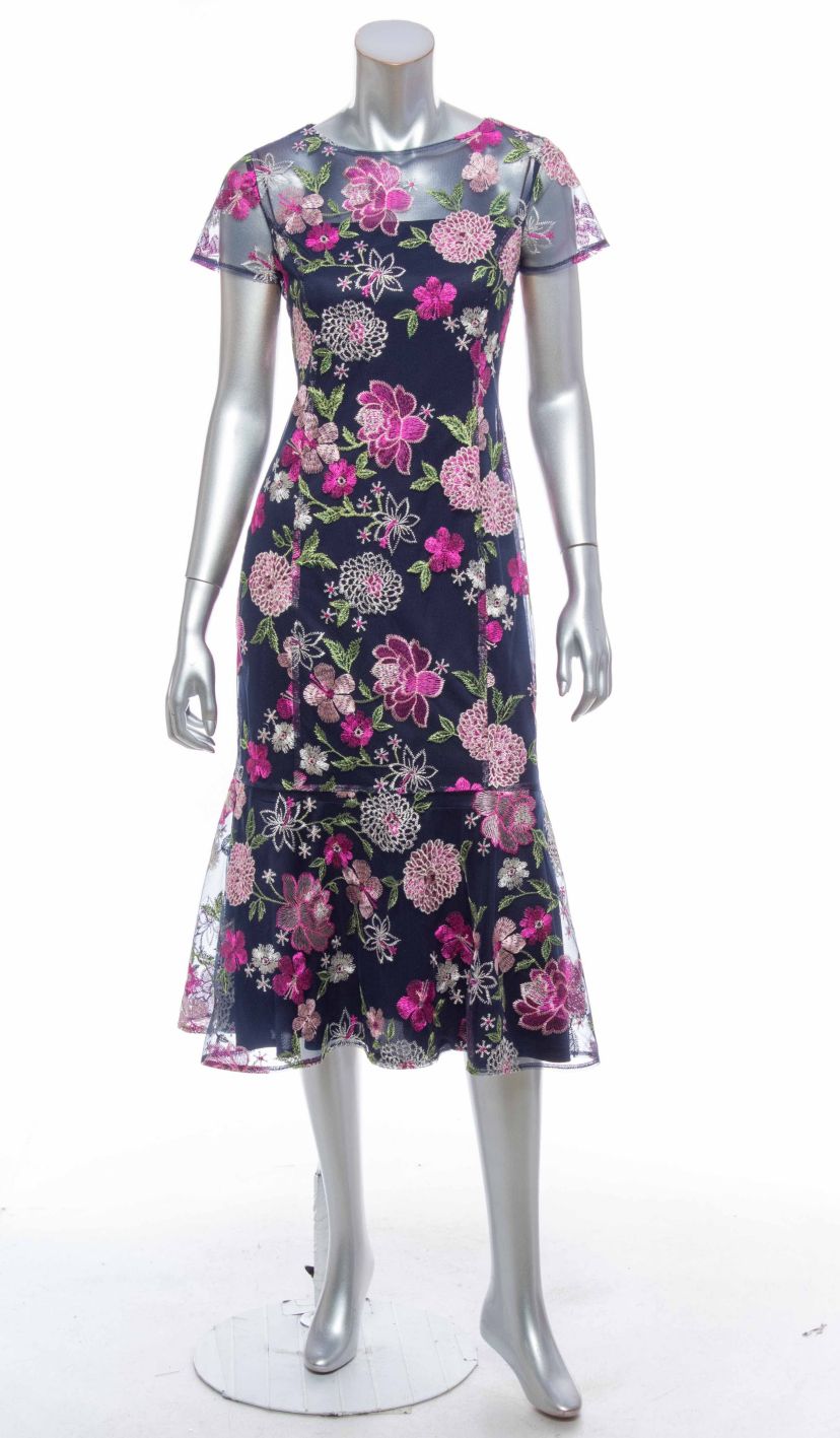 MESH CAP SLEEVE RUFFLE SKIRT MIDI DRESS