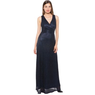 Metallic Knit Surplice V-Neck Long Gown