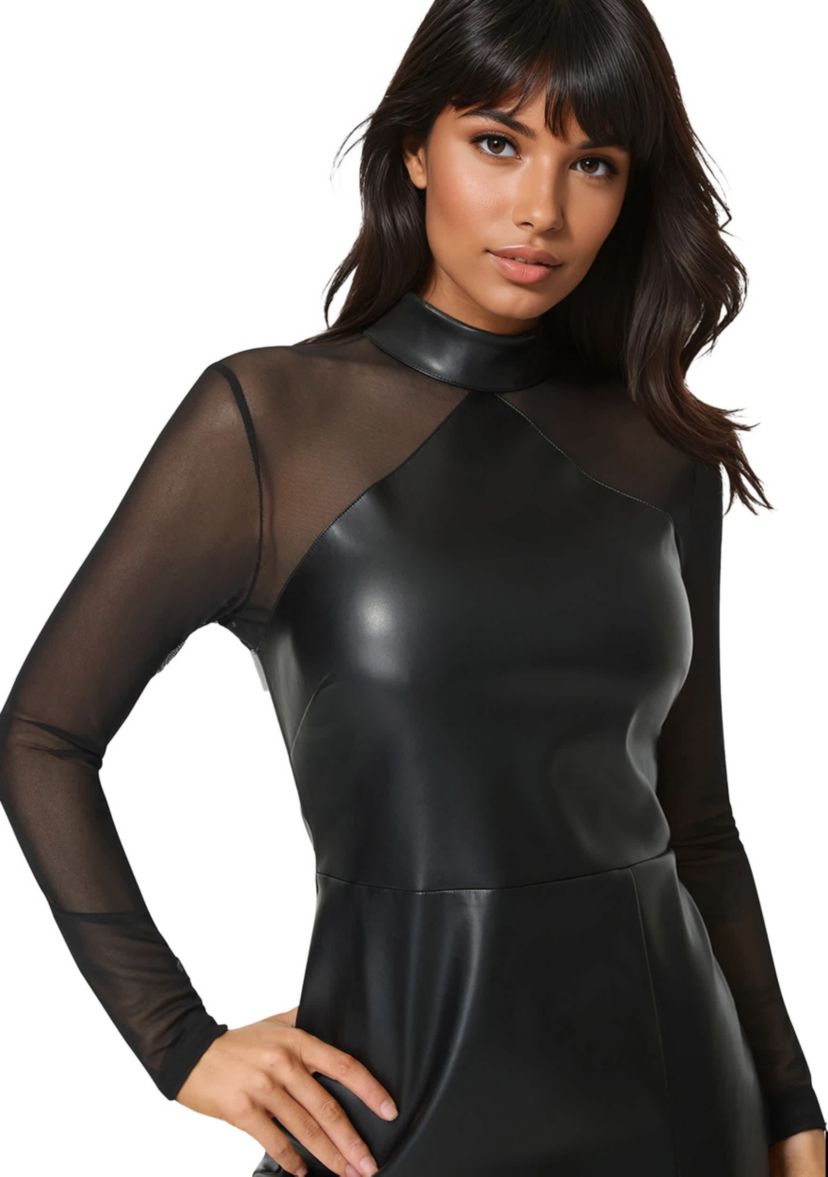 Bebe Faux Leather and Mesh Mock Neck Mini Dress | Belk