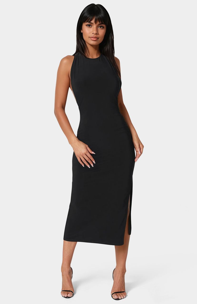 Bebe Women's High Neck Cowl Maci With Slit Dress - Black