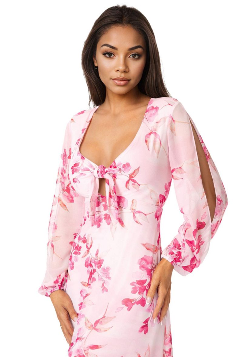 Bebe Printed Chiffon Tie Front Maxi Dress