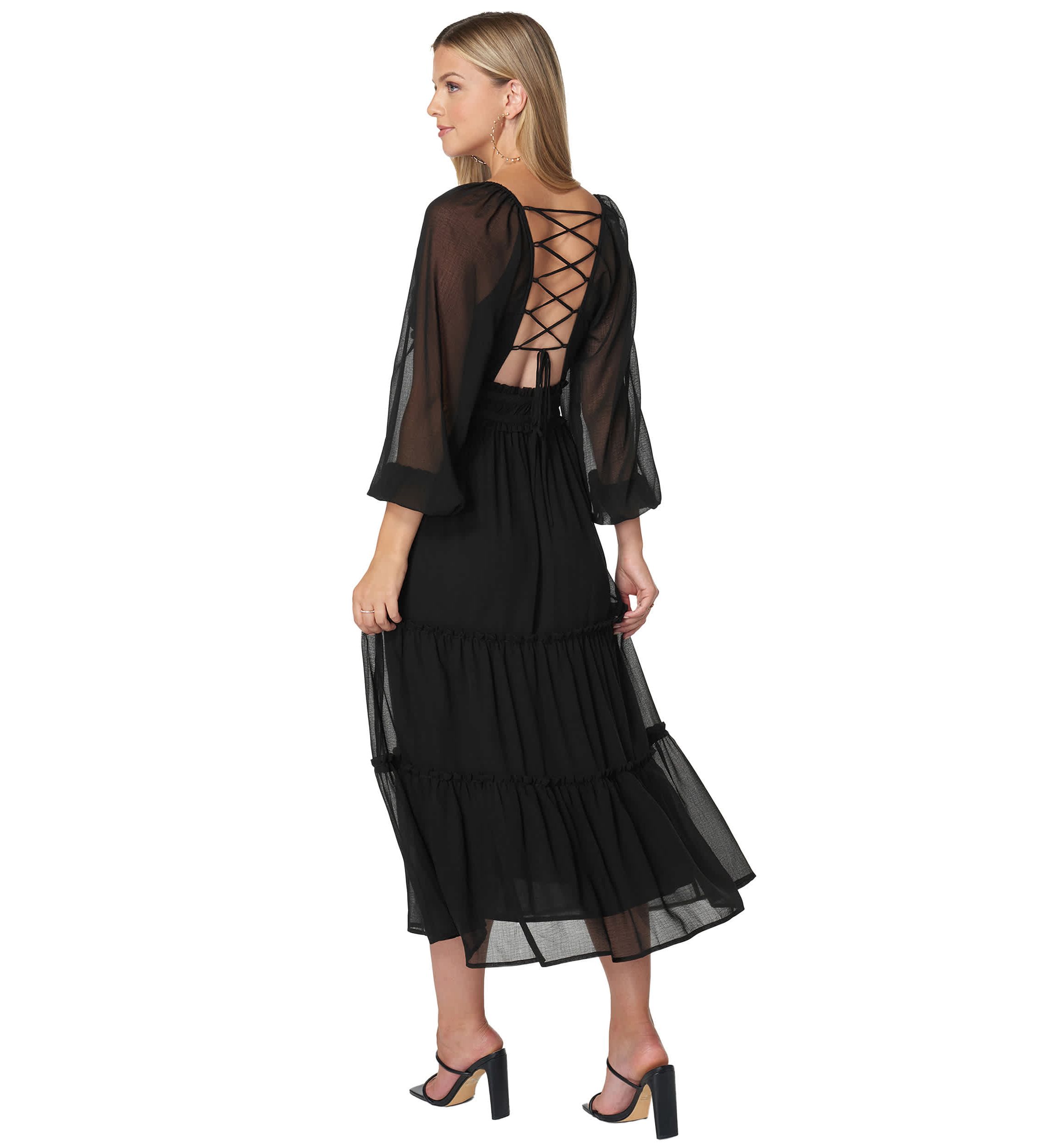 black lace up back midi dress Lace-Up Back Midi Dress  bebe
