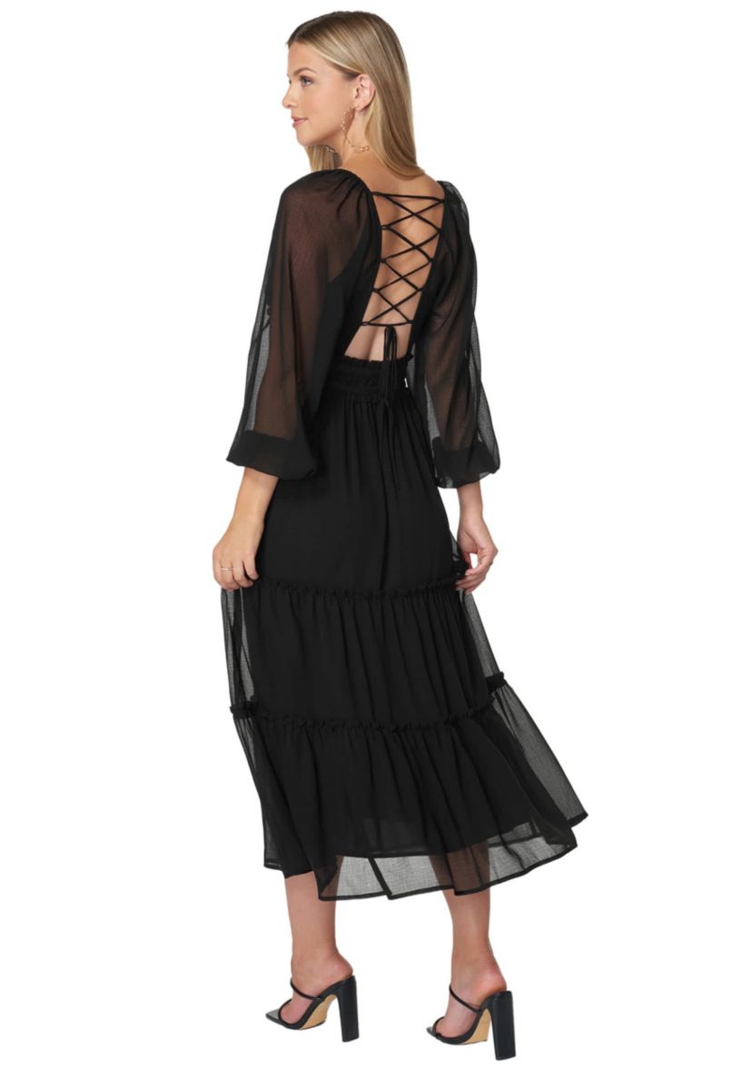 Bebe LACE UP BACK CHIFFON MIDI DRESS | Belk