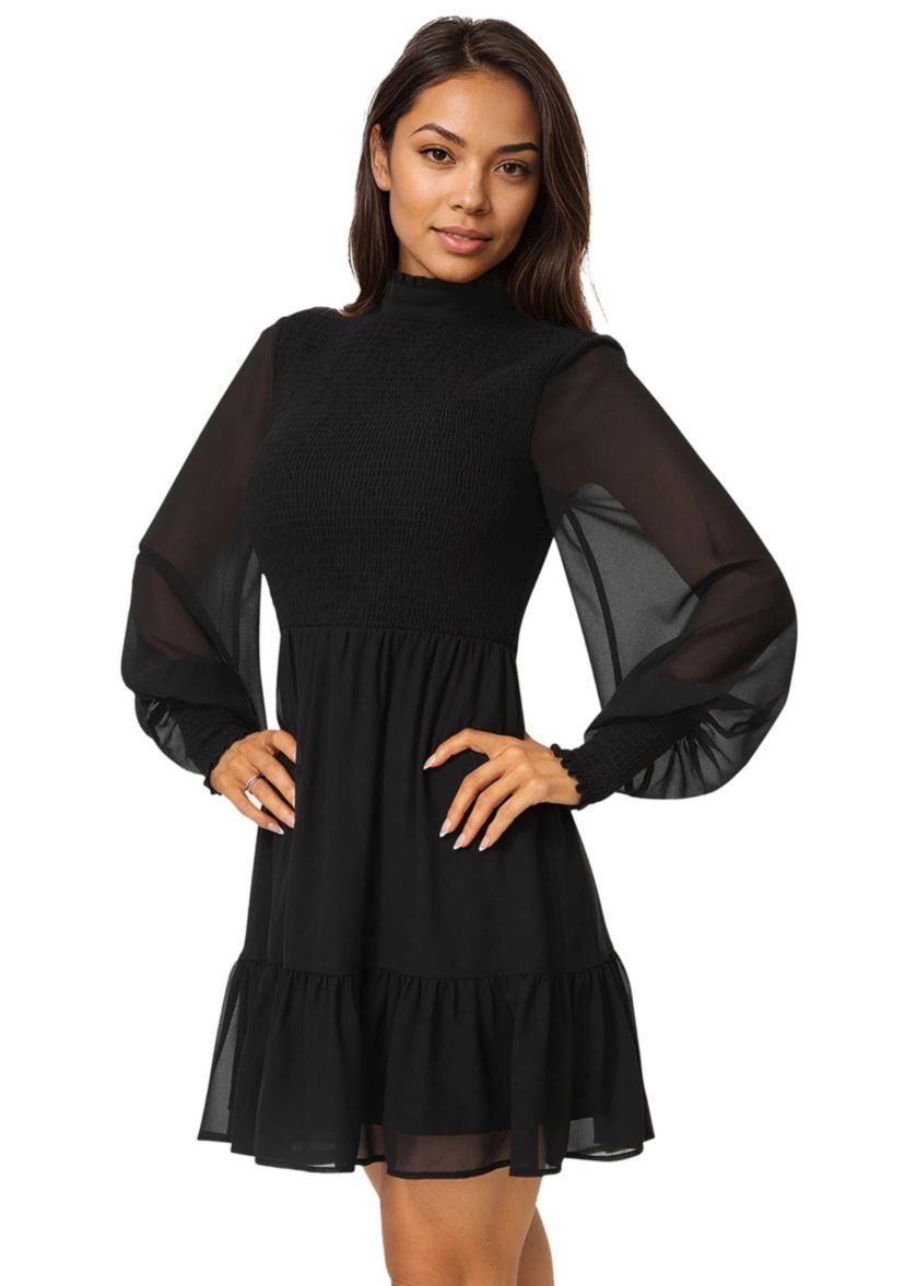 Bebe Women's Mock Neck Chiffon Smocked Mini Dress, Black, Large