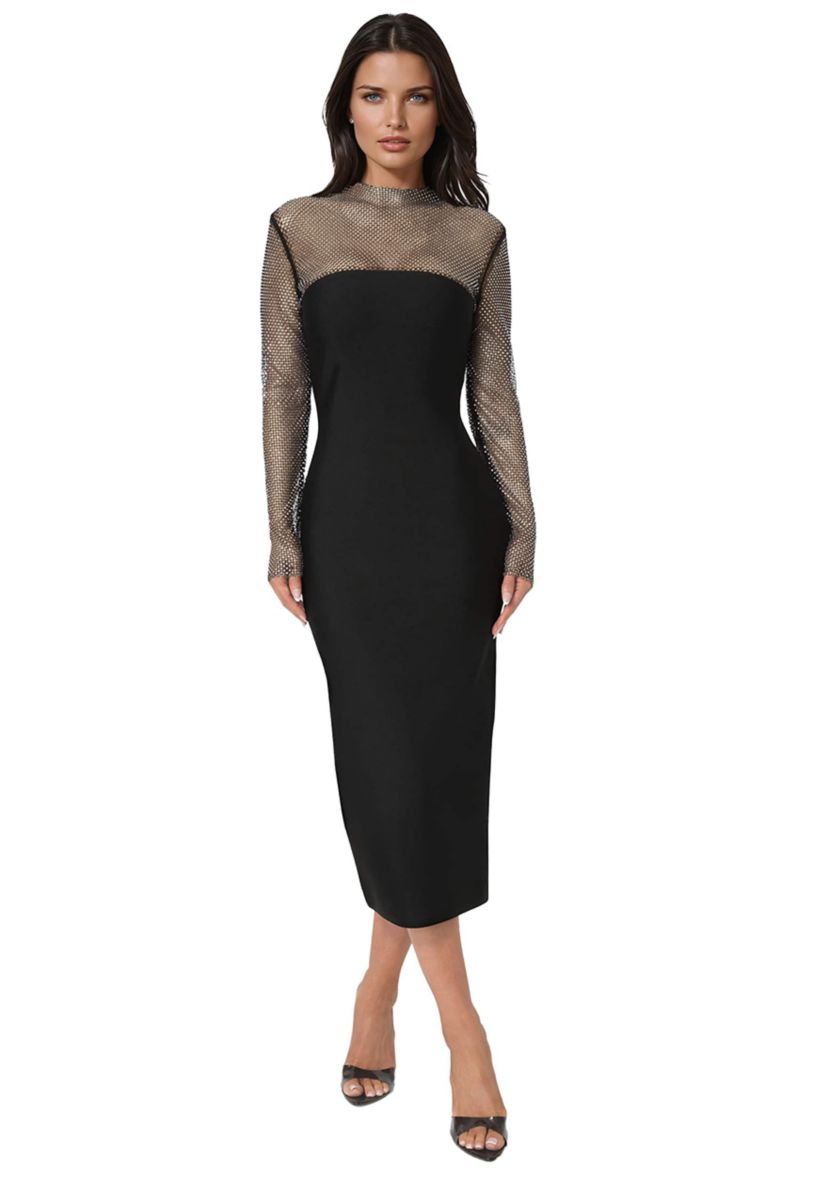 Bebe Women's Long Sleeve Midi Dress with Crystal Mesh Combo - Black