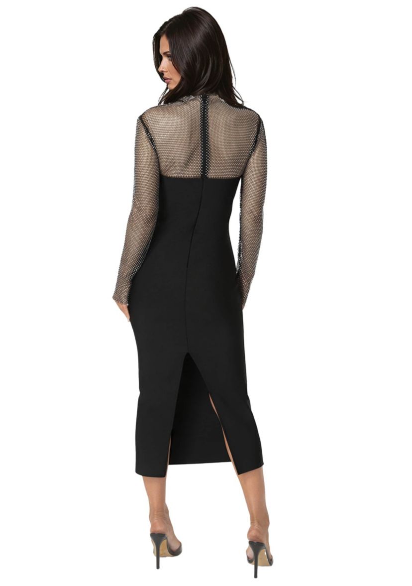 Bebe Women's Long Sleeve Midi Dress with Crystal Mesh Combo - Black