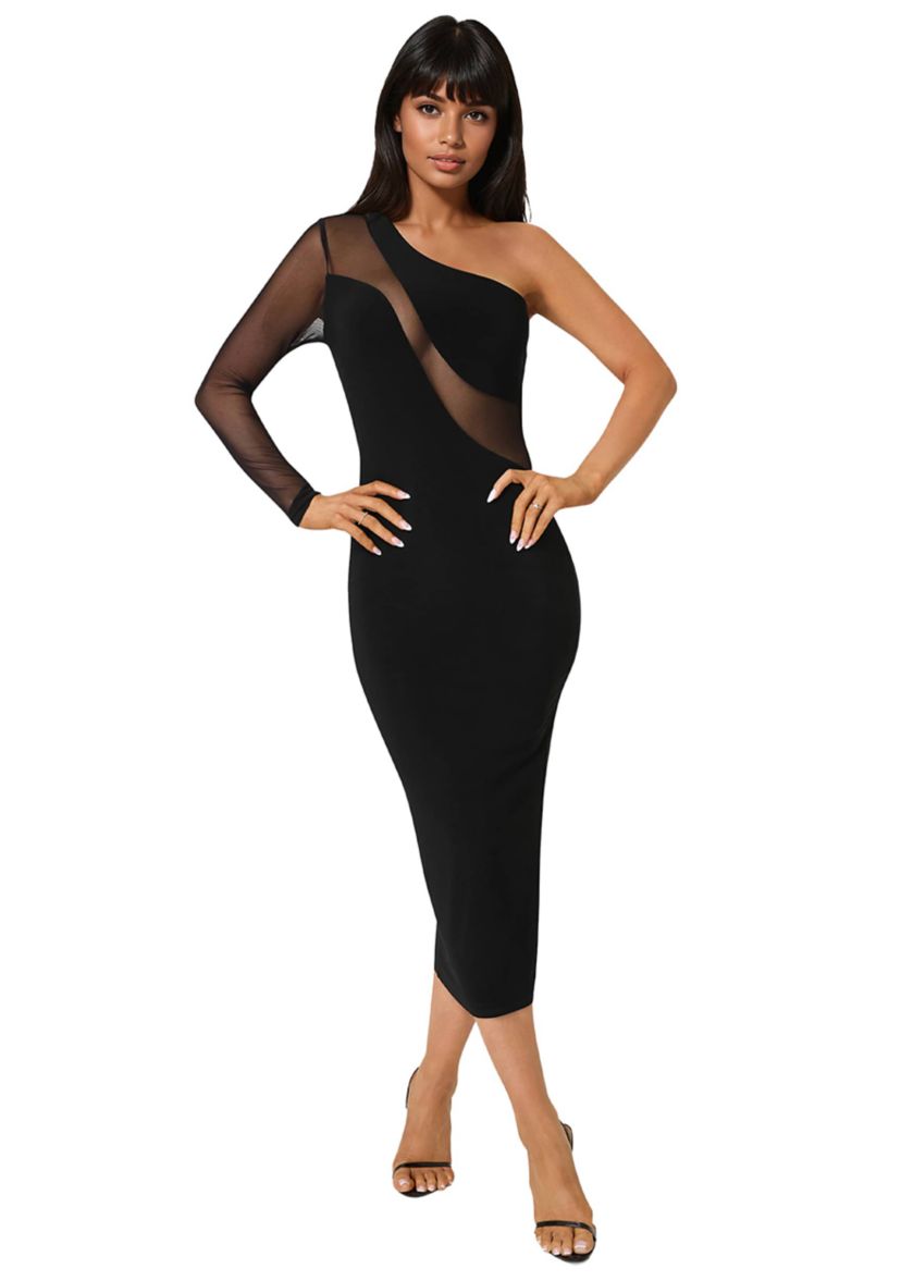 bebe black mesh dress One Shoulder Insert Midi Style:64774D The distinct mesh inset tan heels black dress SIZE:12/14Y (38)
