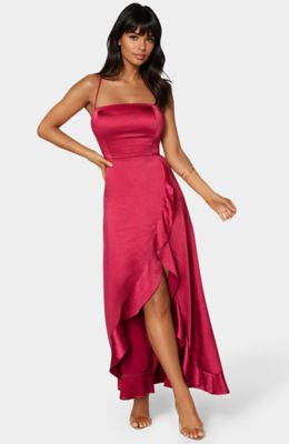 Bebe Women's SATIN RUFFLE MAXI LACE UP BACK, Raspberry, Large