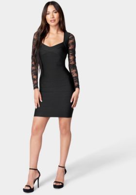 Bebe Women'S Long Sleeve Lace & Bandage Dress