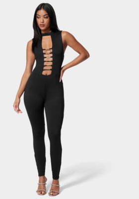 Bebe Women's GOLD BAR DETAIL CATSUIT, Black, XS