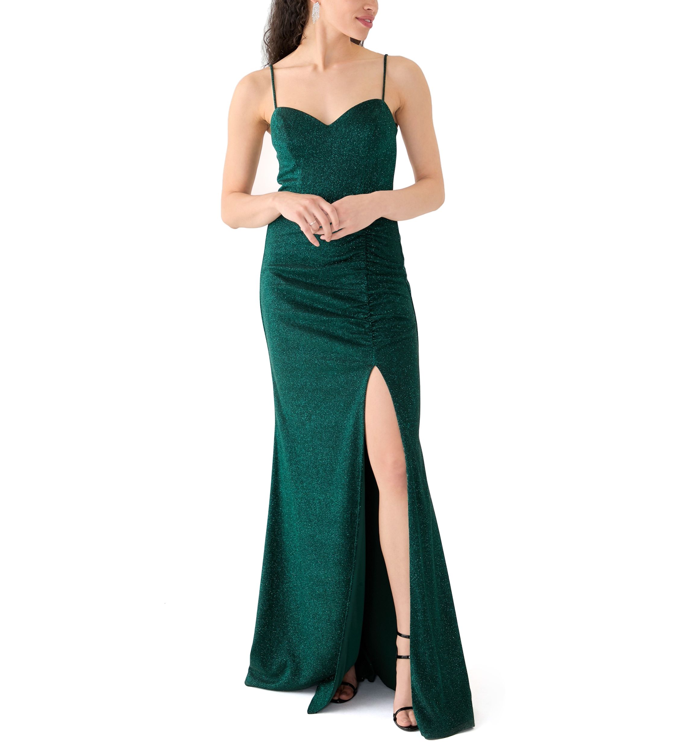 Womens Sleeveless Solid Glitter Knit Gown