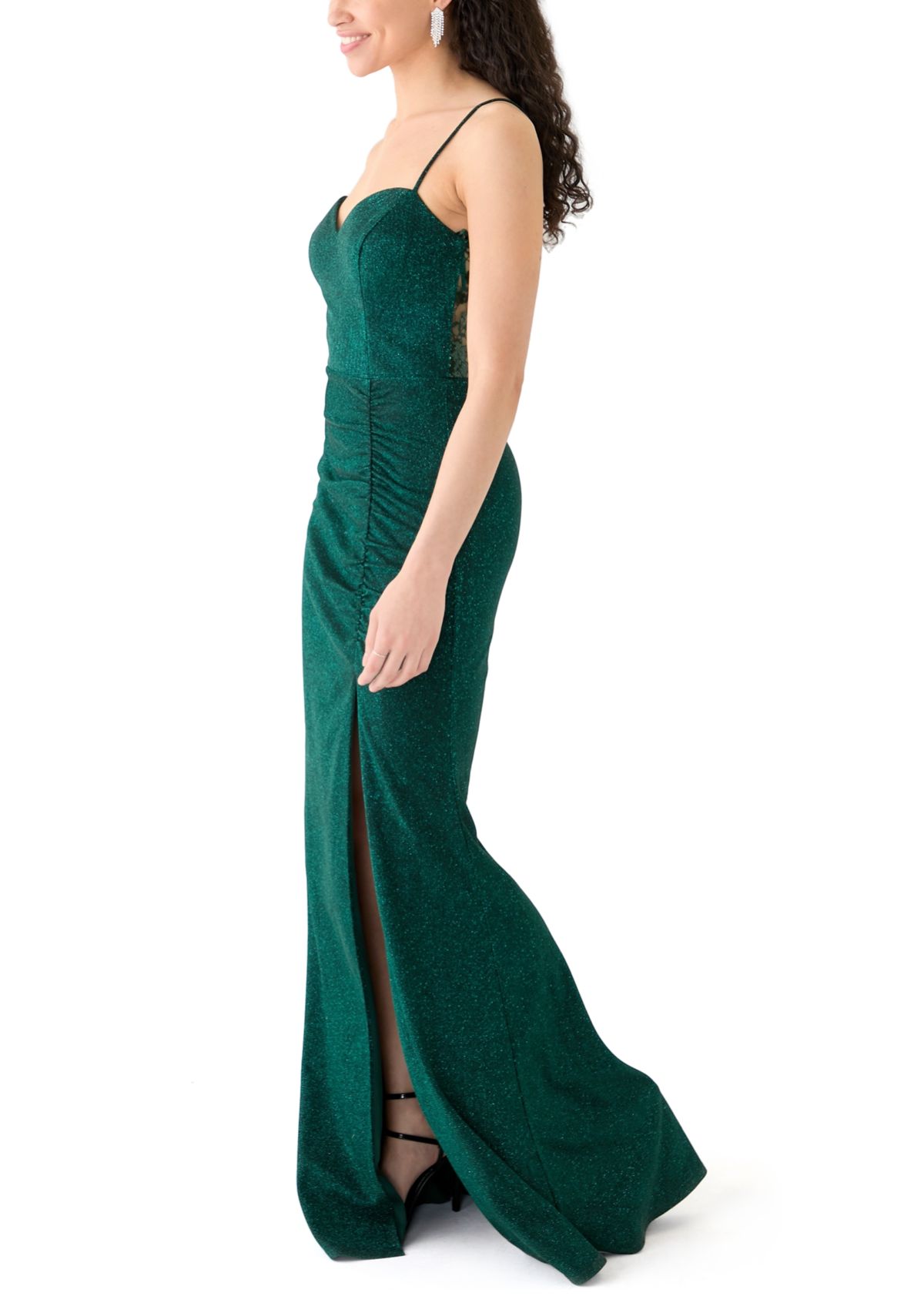 Womens Sleeveless Solid Glitter Knit Gown