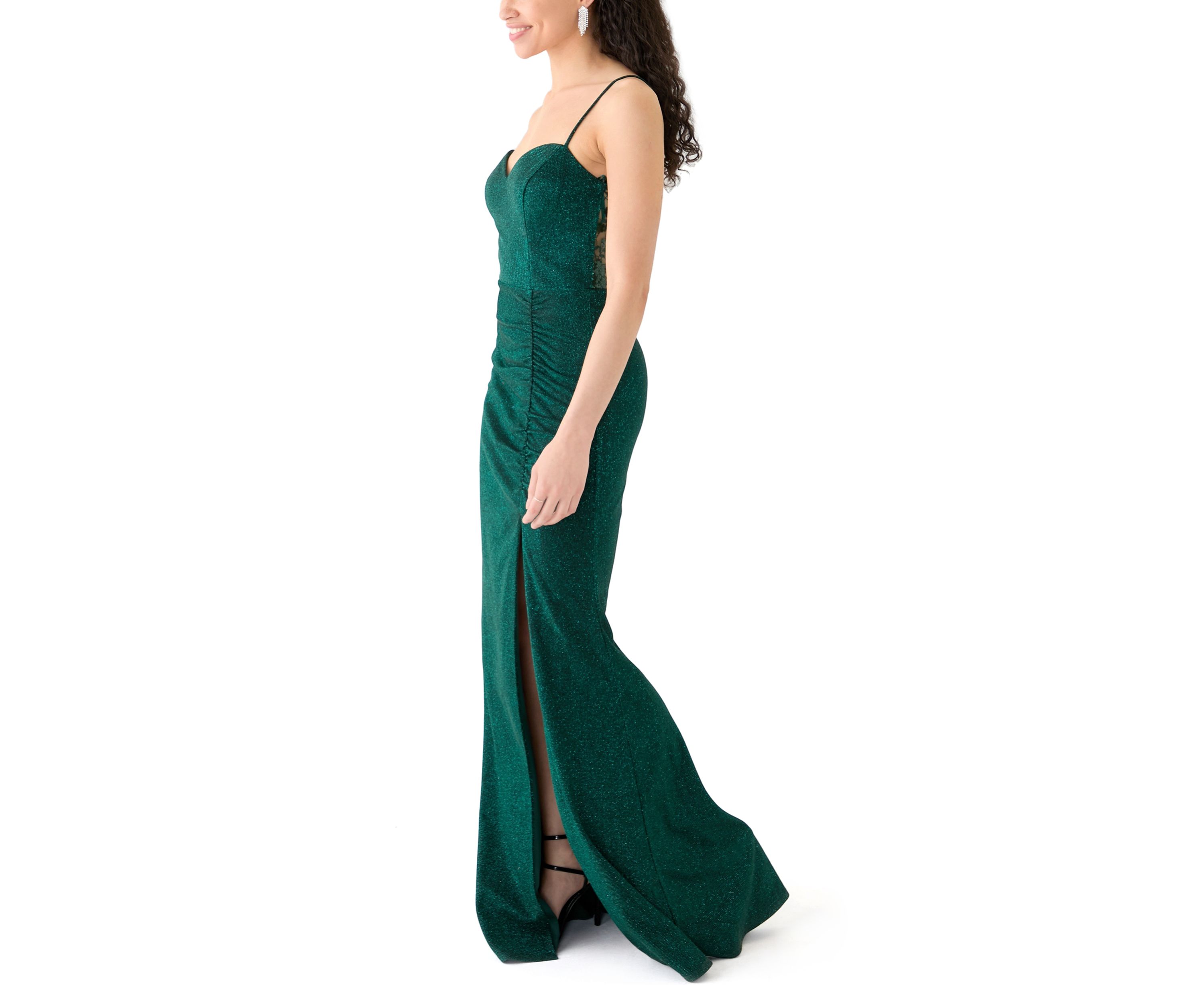 Womens Sleeveless Solid Glitter Knit Gown