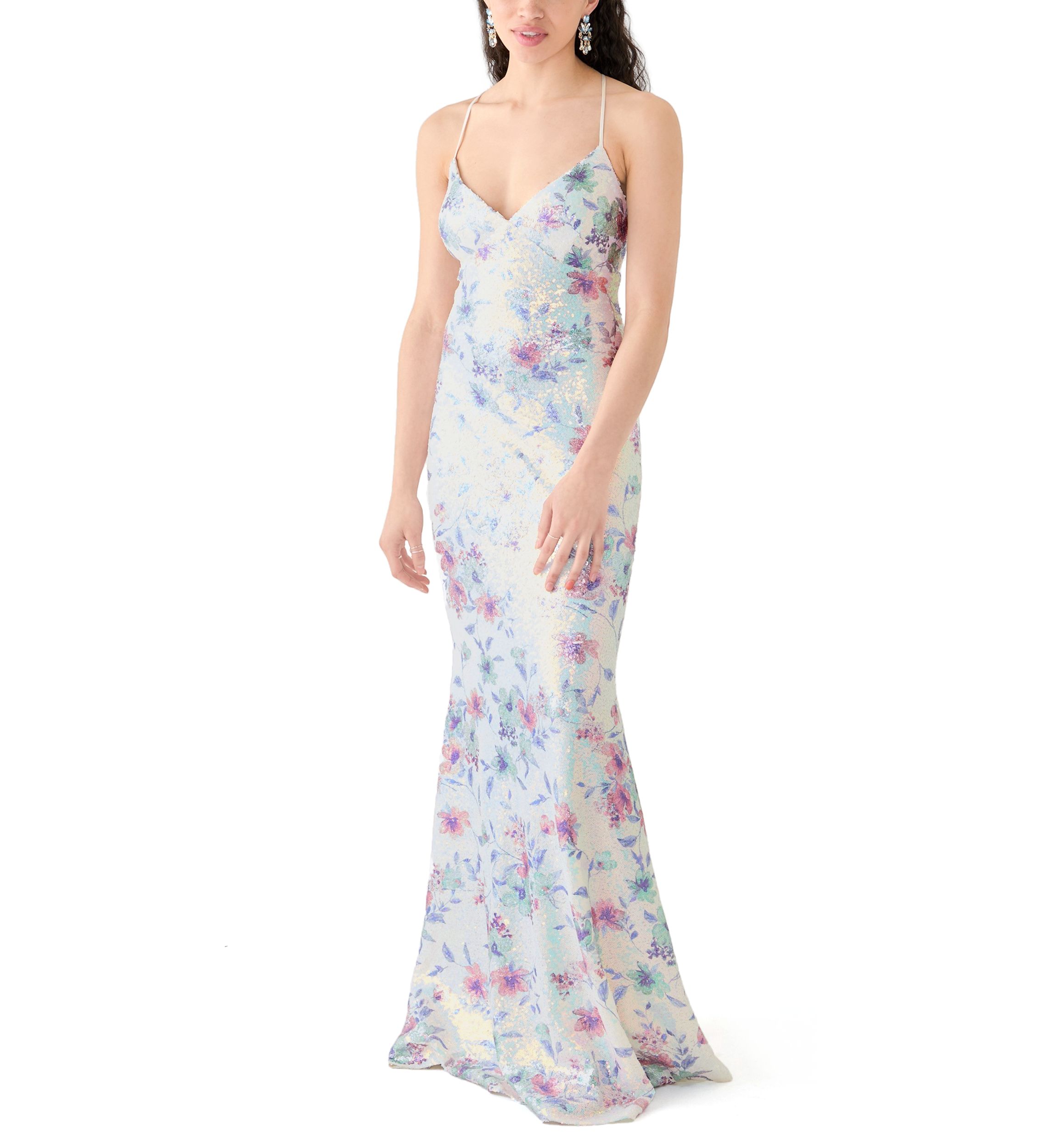 Womens Sleeveless V-Neck Floral Print Sequin Gown