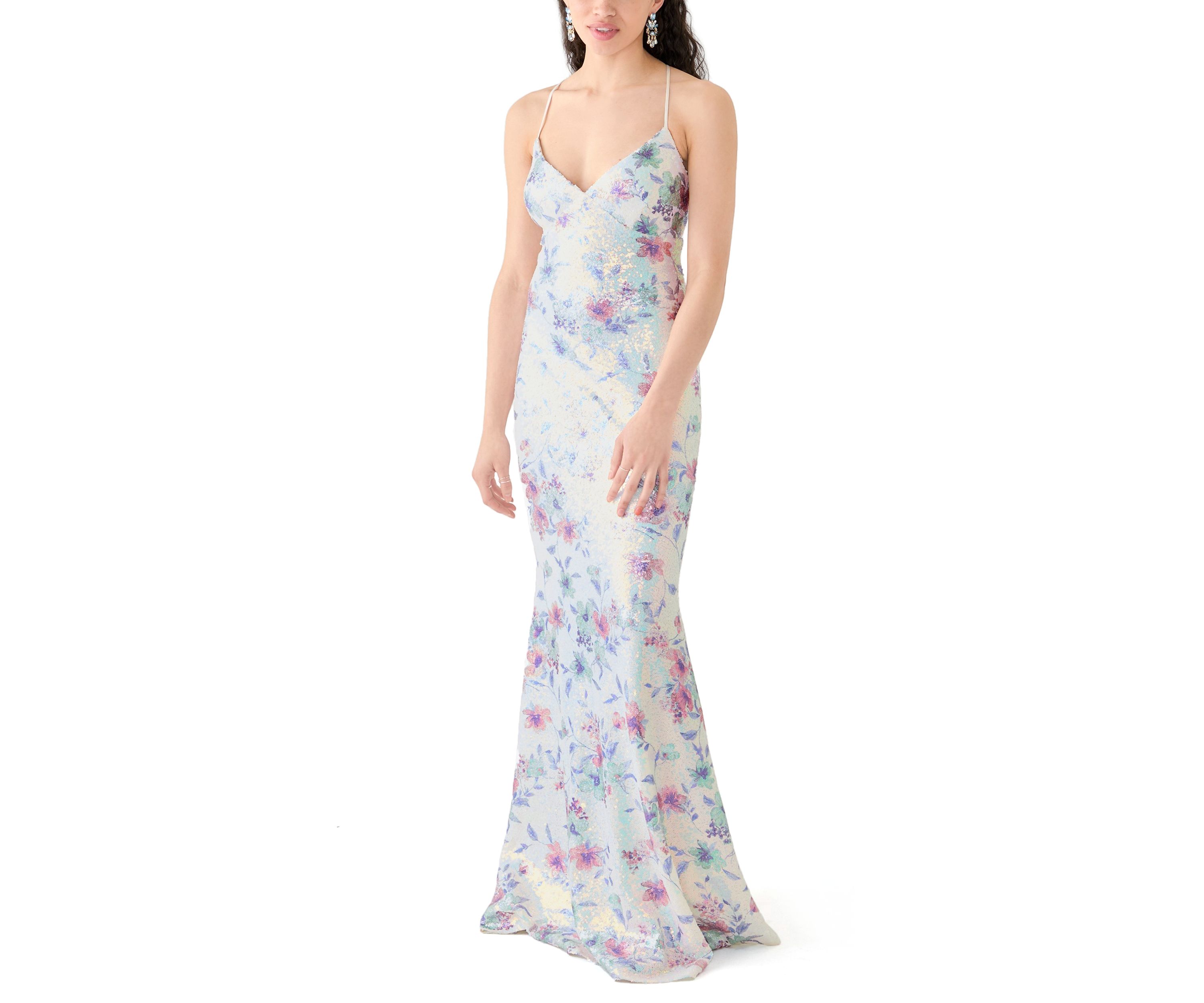 Womens Sleeveless V-Neck Floral Print Sequin Gown