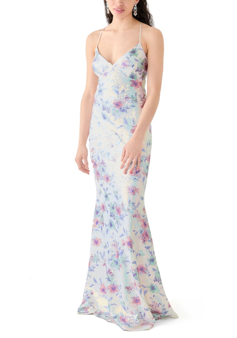 Womens Sleeveless V-Neck Floral Print Sequin Gown