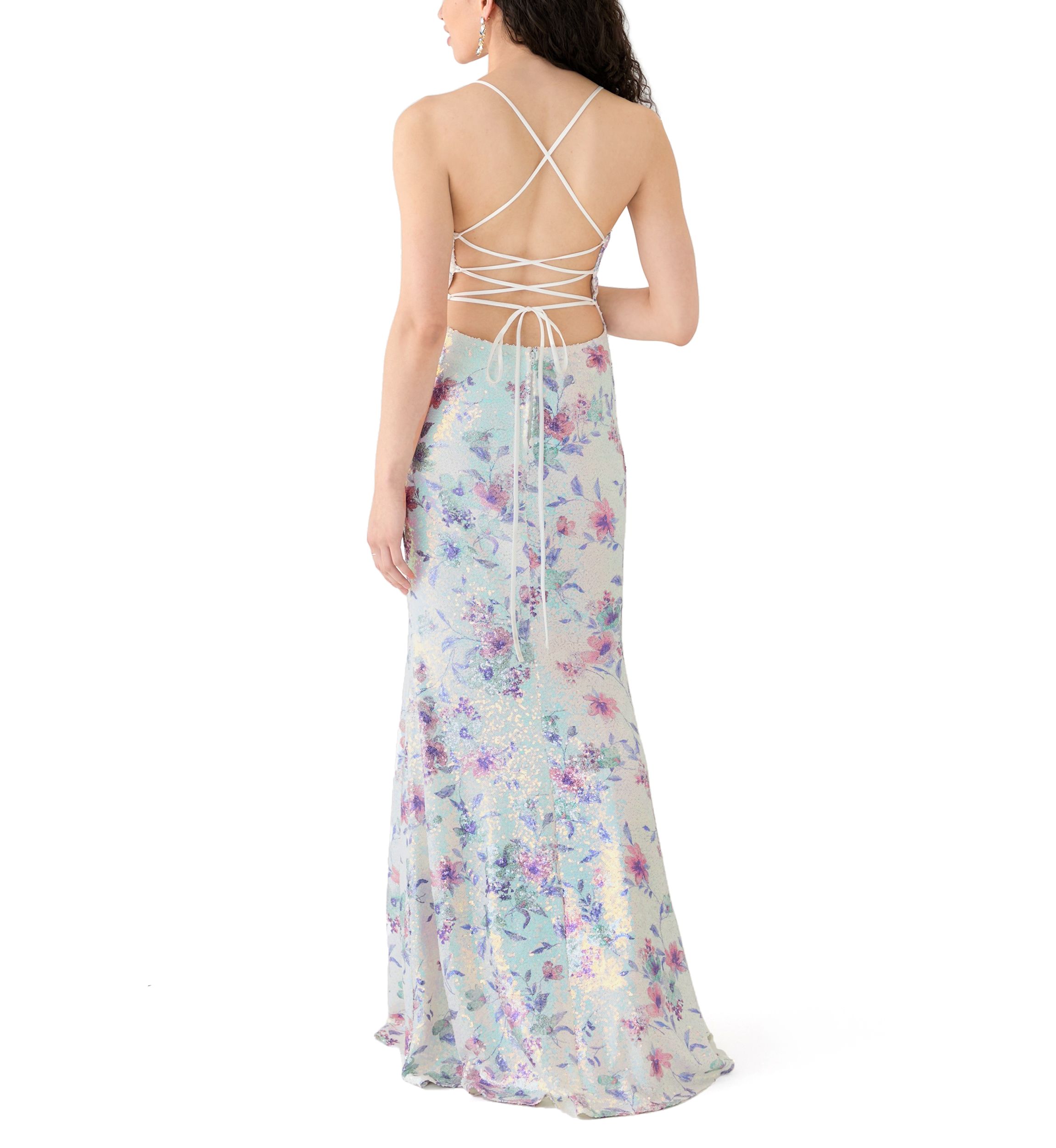 Womens Sleeveless V-Neck Floral Print Sequin Gown