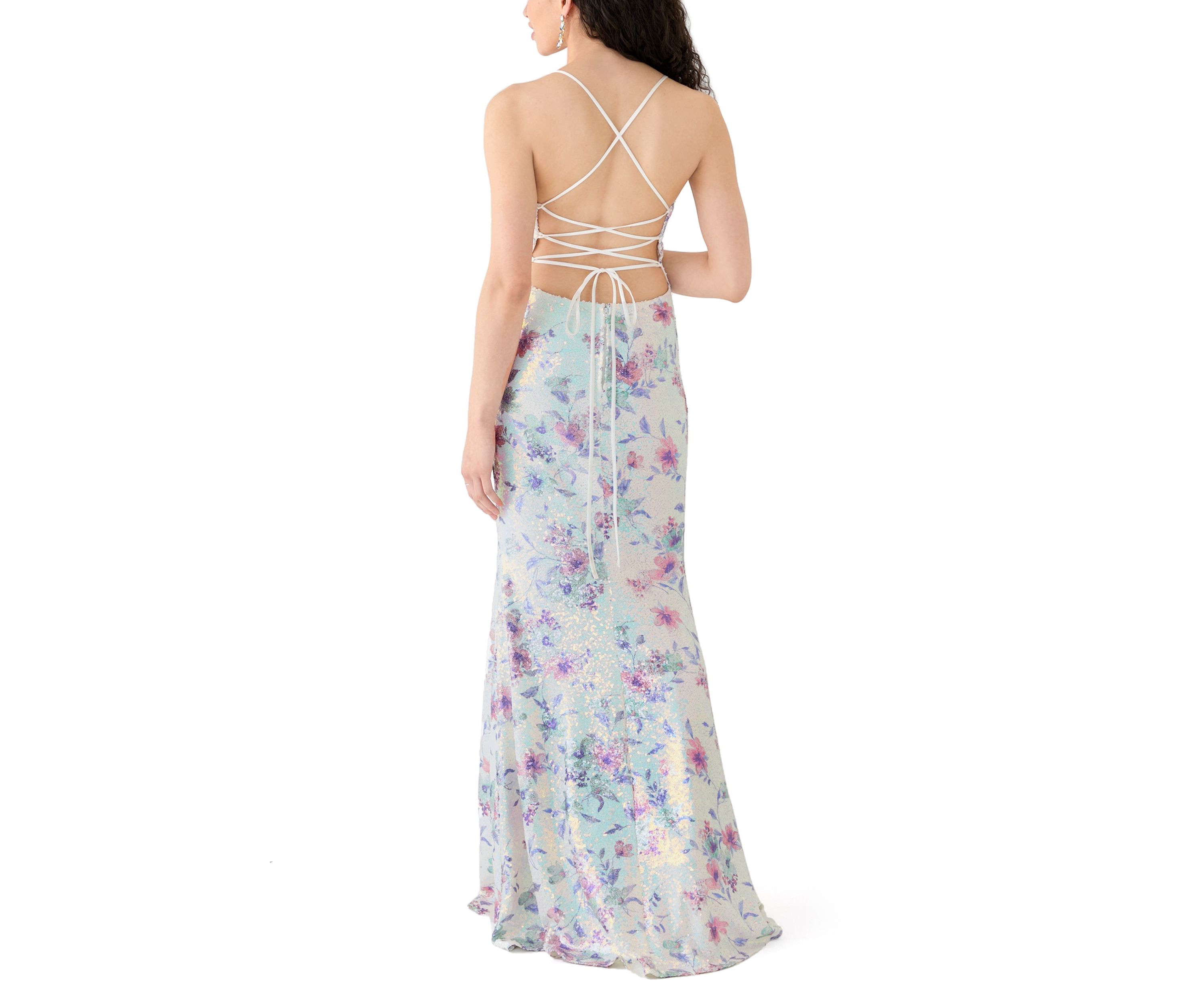 Womens Sleeveless V-Neck Floral Print Sequin Gown