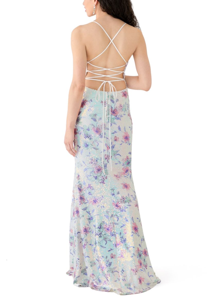 Womens Sleeveless V-Neck Floral Print Sequin Gown