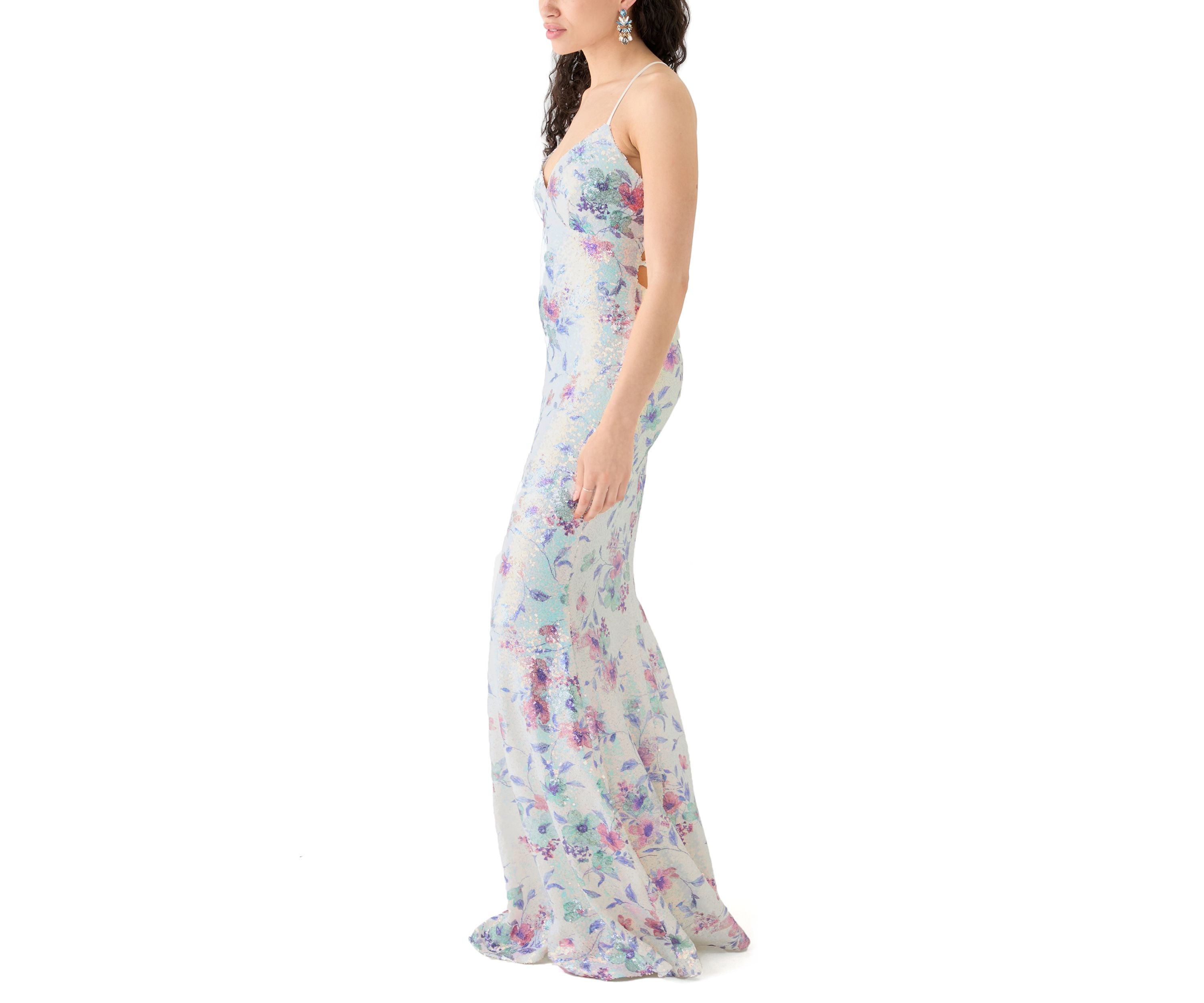 Womens Sleeveless V-Neck Floral Print Sequin Gown