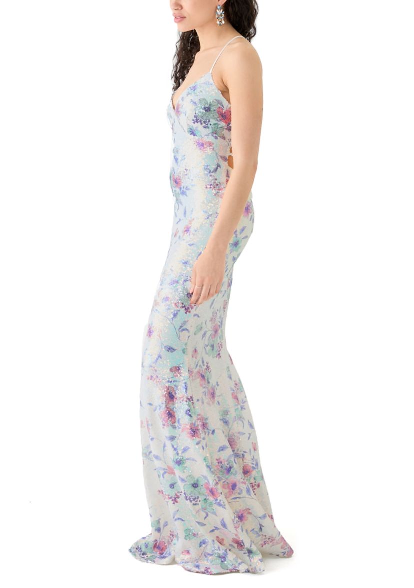 Womens Sleeveless V-Neck Floral Print Sequin Gown