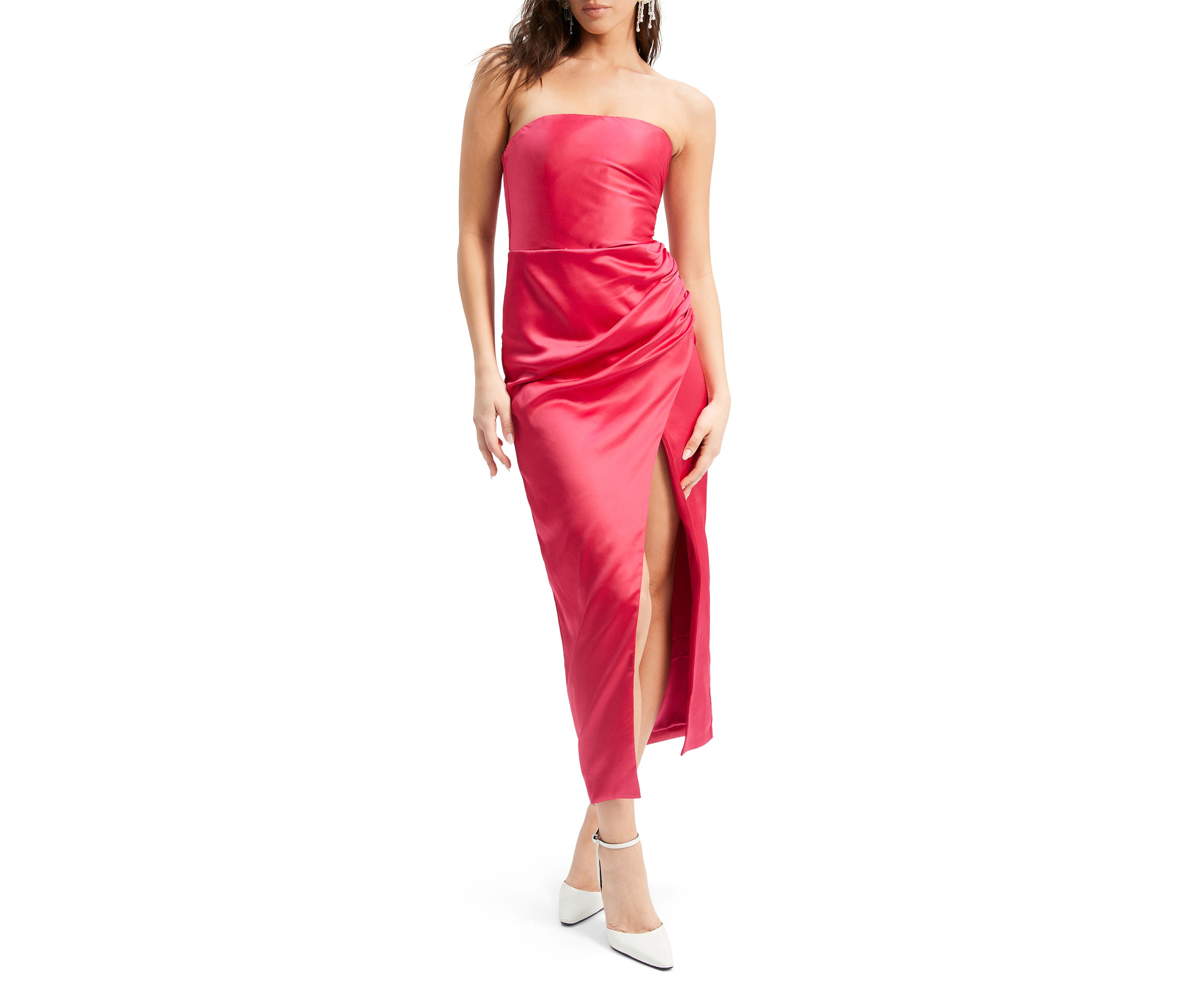 Womens Strapless Satin Slit Maxi Dress 